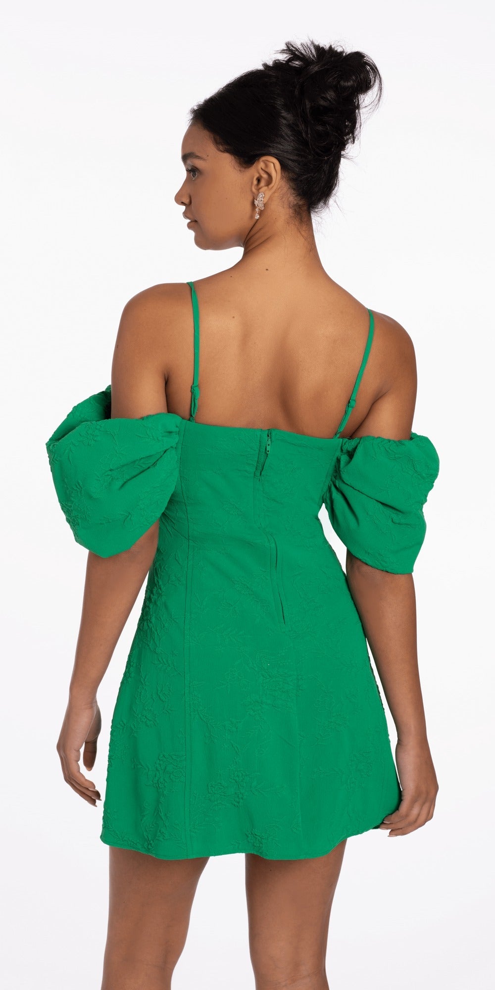 Knit Jacquard Plunge Puff Sleeve Fit and Flare Dress