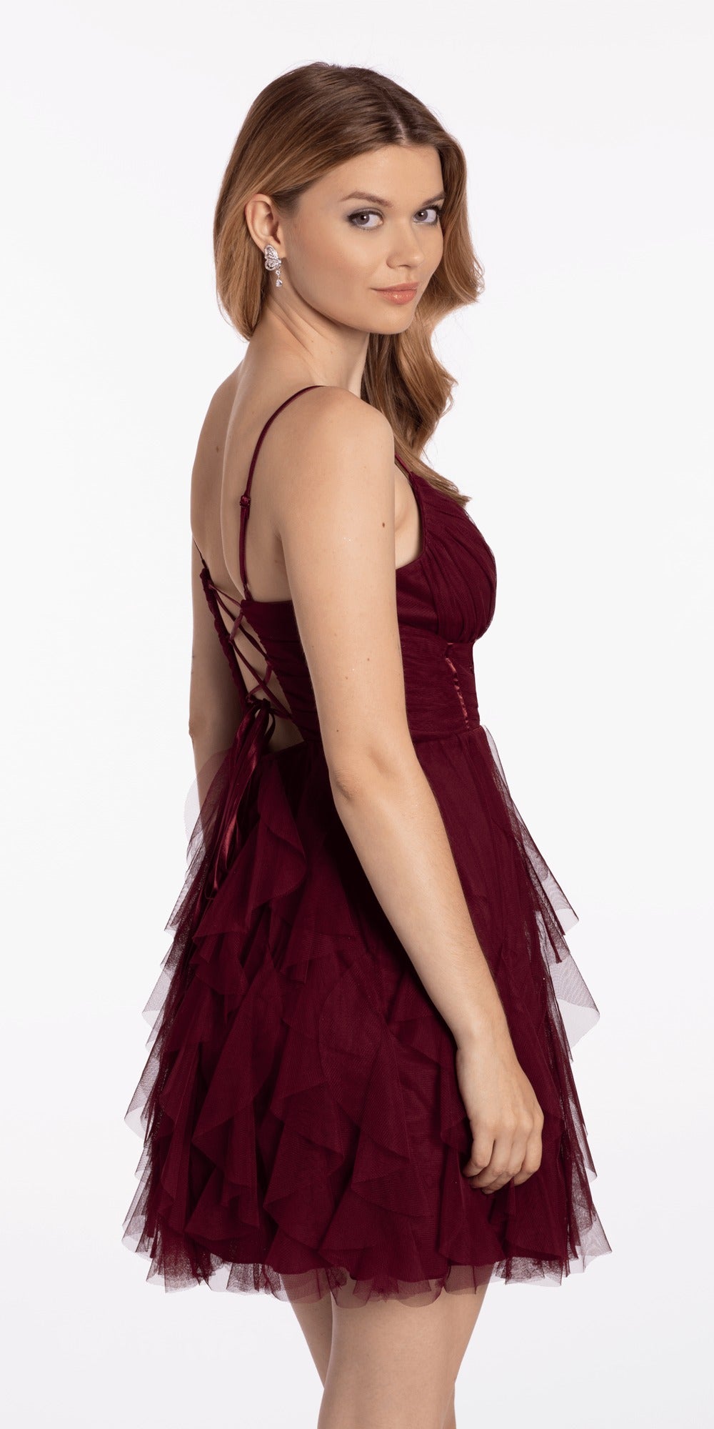 Glitter Tulle Lace Up Back Embroidered A Line Dress