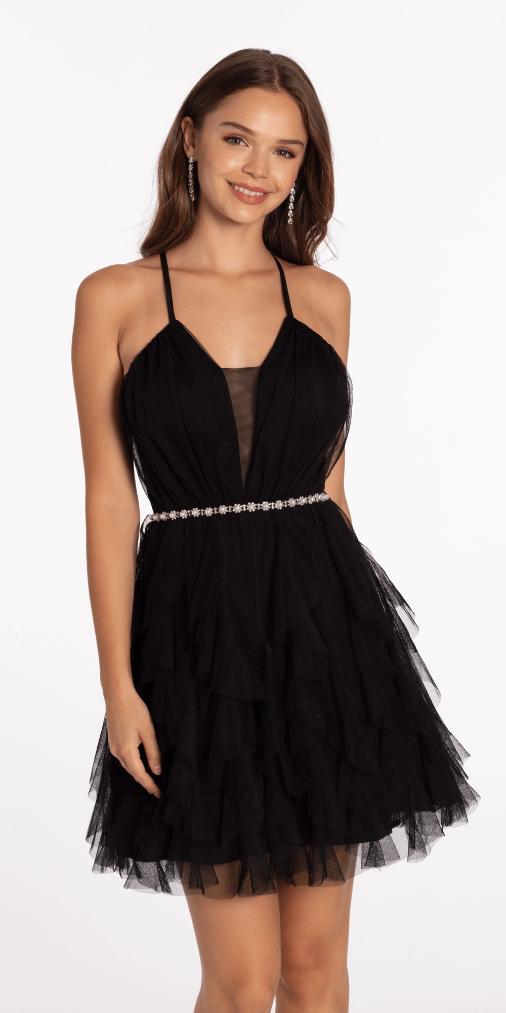 Embroidered Strapless Chiffon Tiered Corset Ballgown