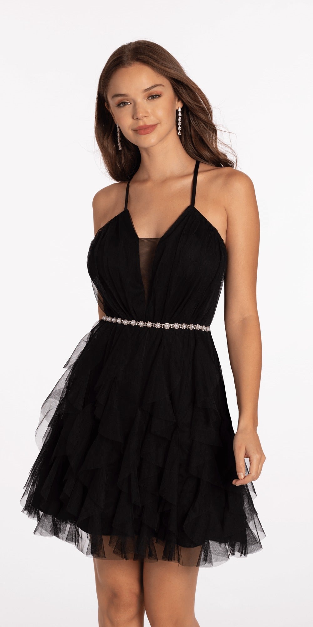 Embroidered Strapless Chiffon Tiered Corset Ballgown