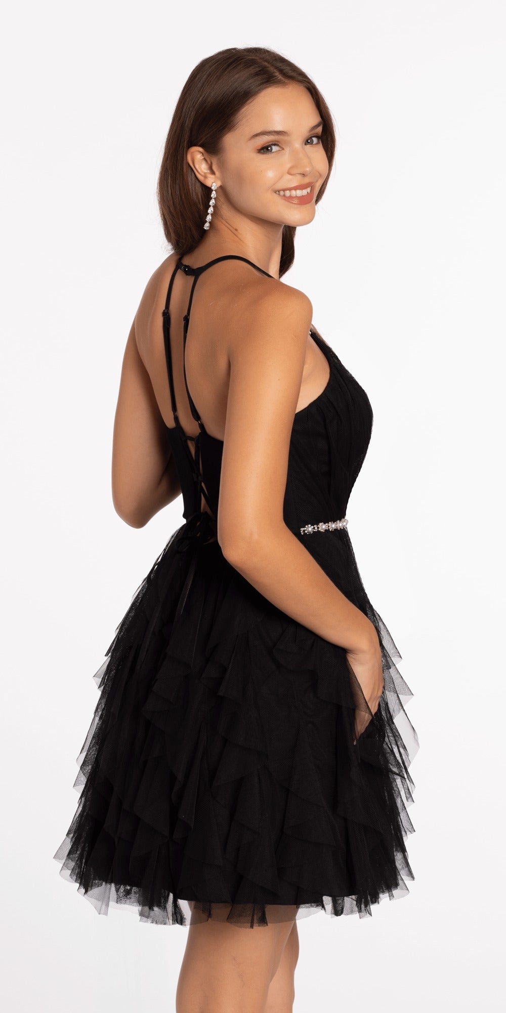 Embroidered Strapless Chiffon Tiered Corset Ballgown