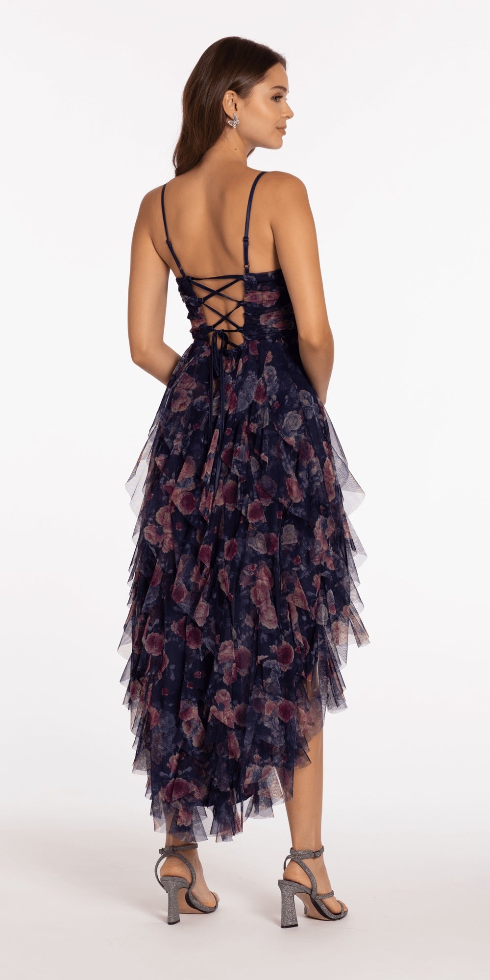Embroidered Strapless Chiffon Tiered Corset Ballgown