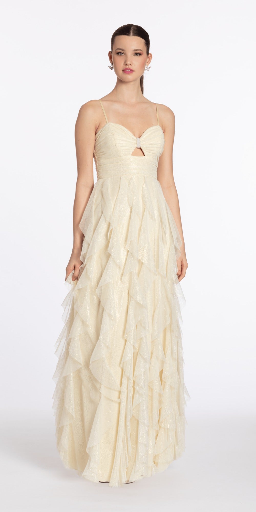 Beaded Embellished Plunging Glitter Mermaid Dress with Mesh Godets