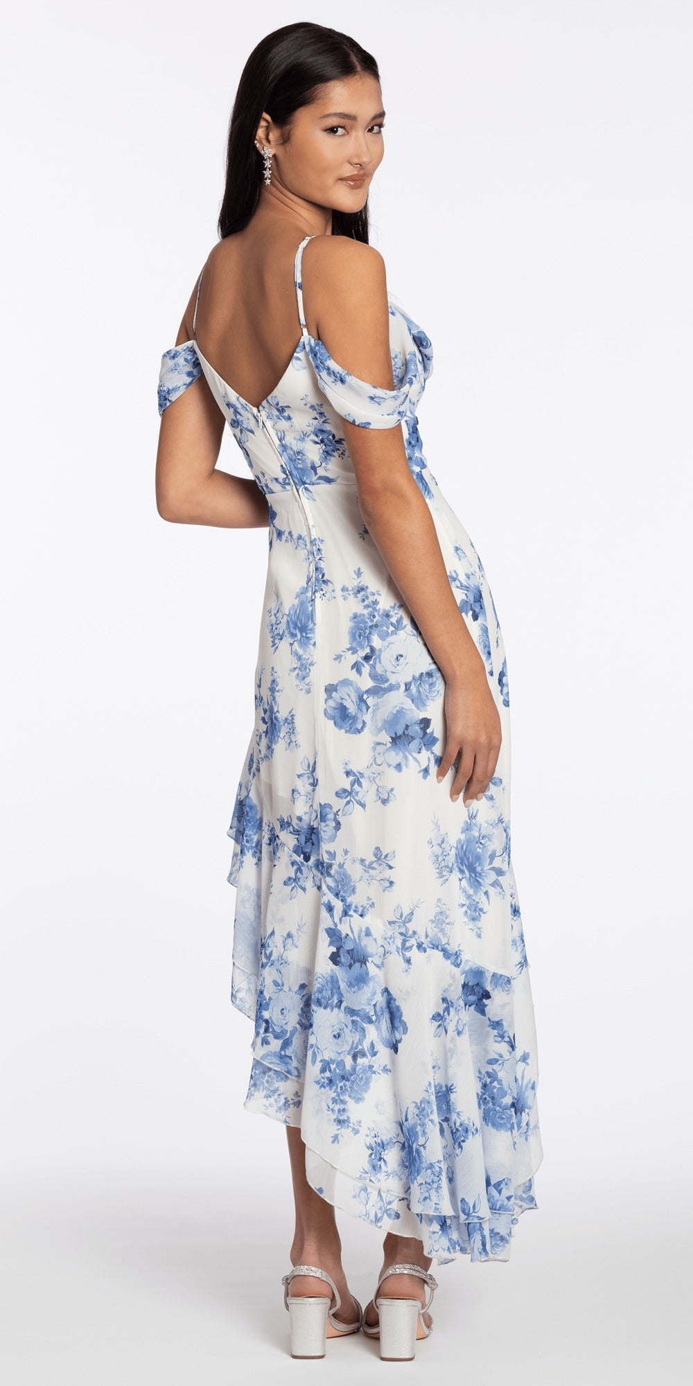 Metallic Off the Shoulder Column Dress with Side Drape