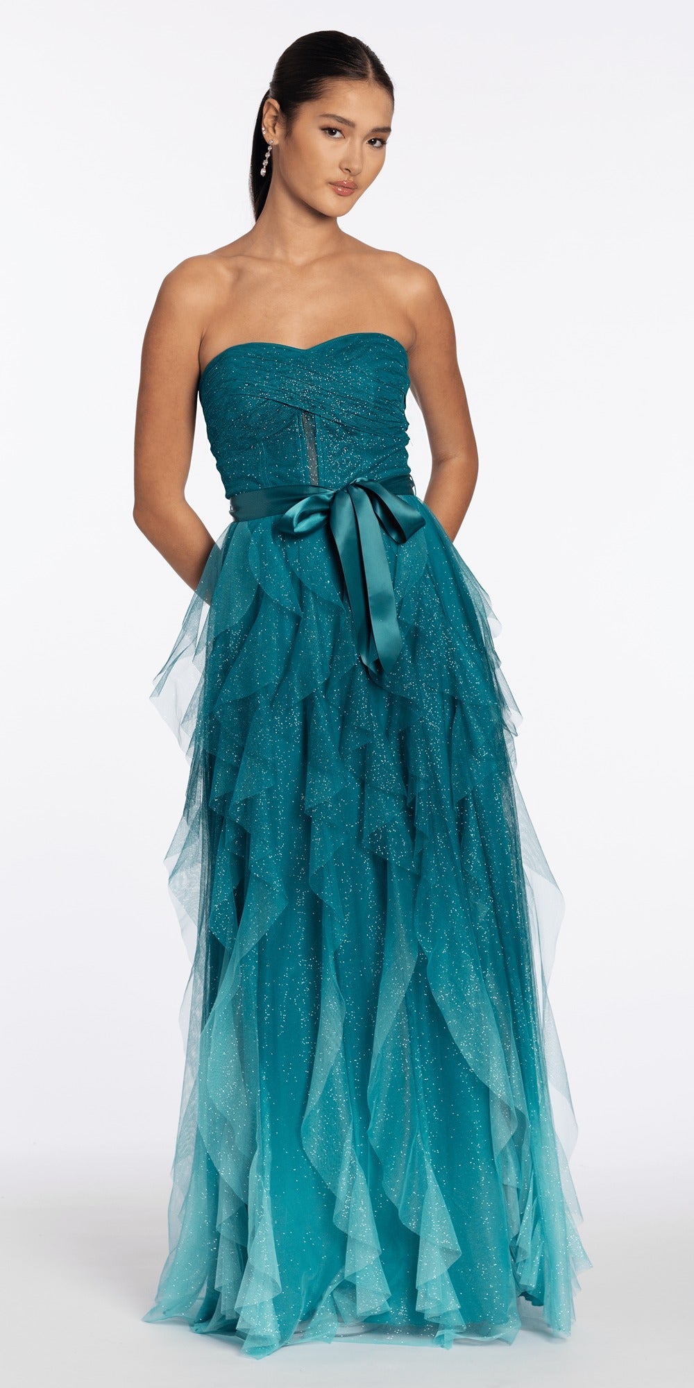Double Strap Back One Shoulder Crepe Midi Dress