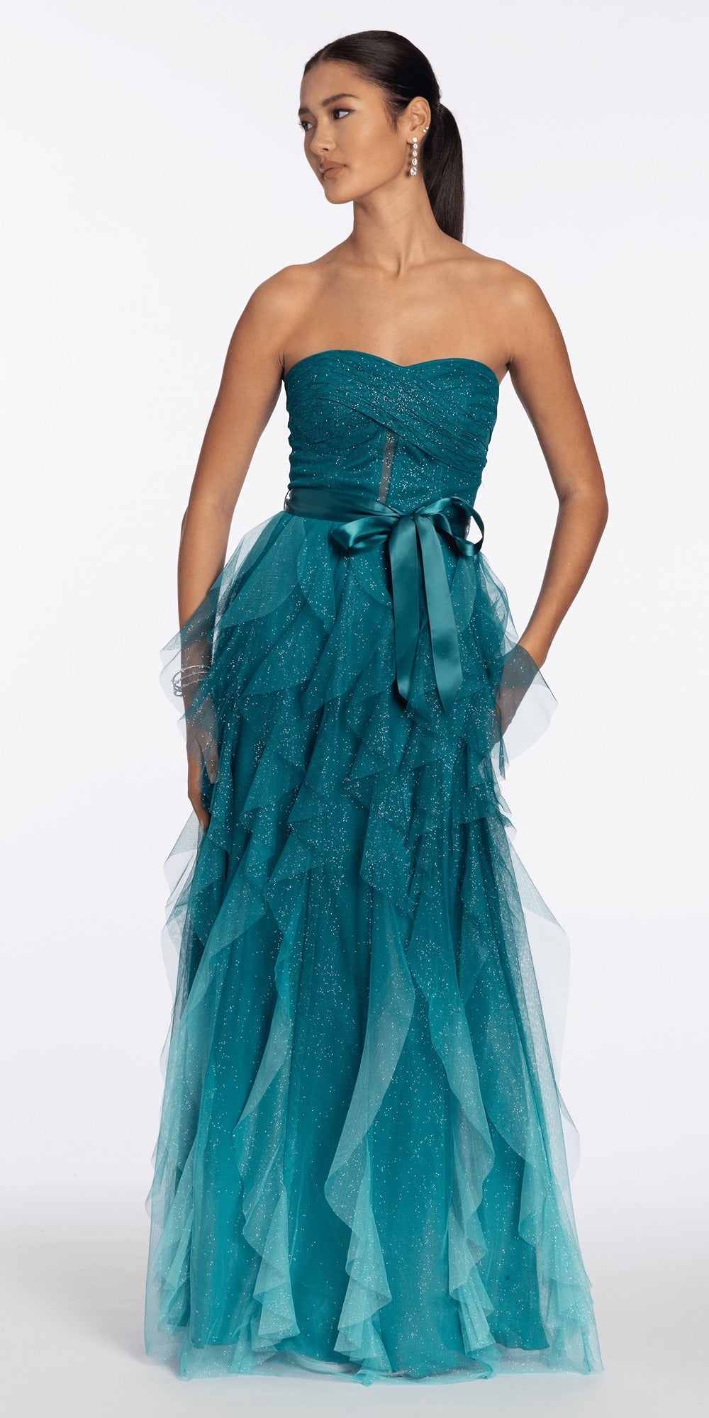 Sequin Applique Corset Plunge Tulle Ballgown