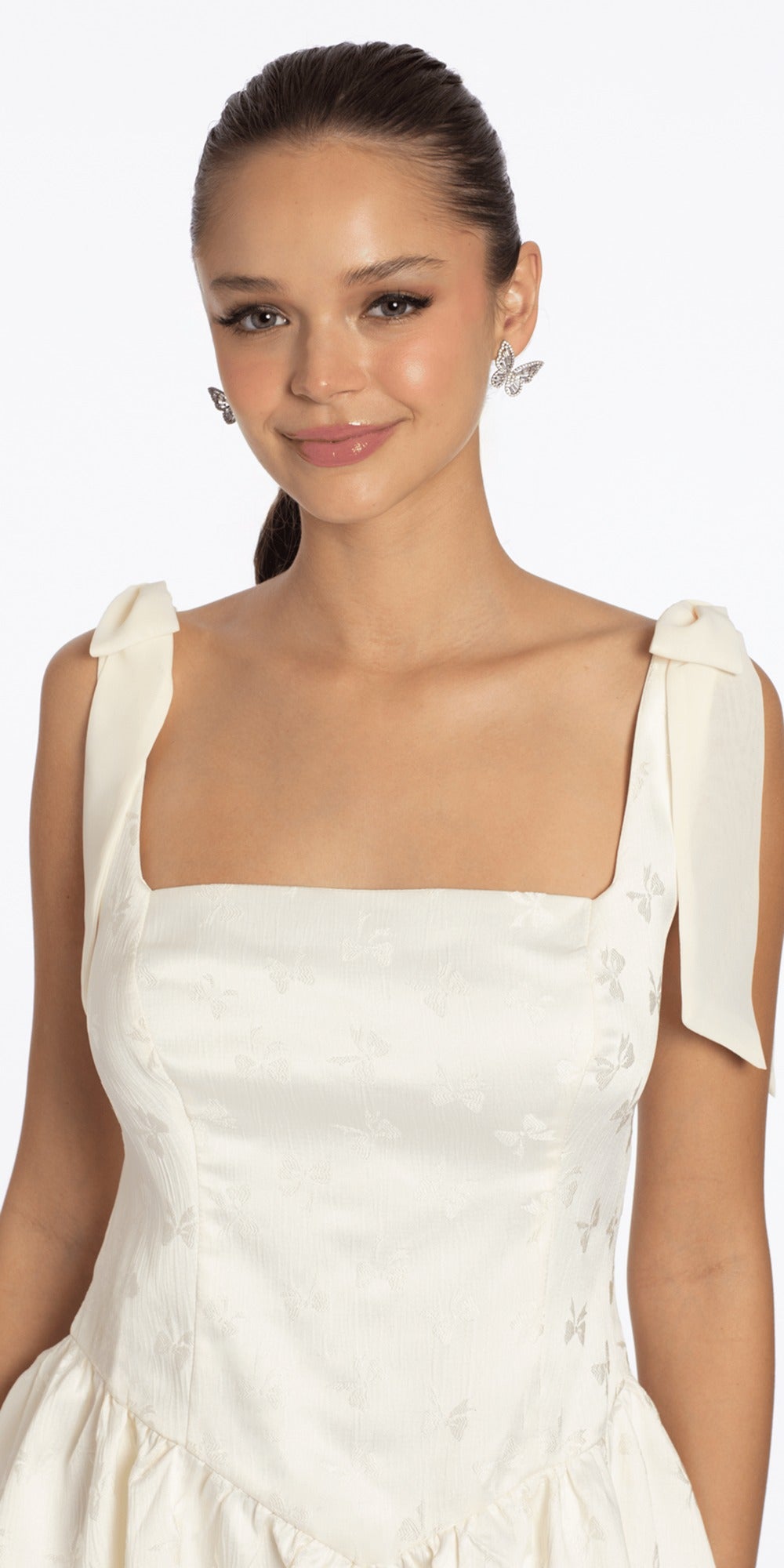 Satin Beaded Drape Corset Ballgown with Side Pockets