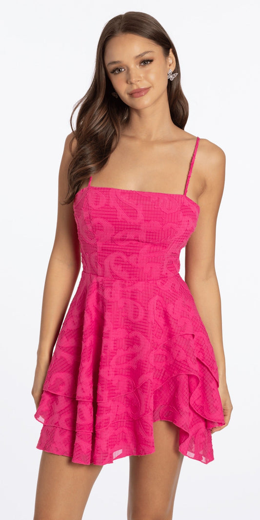 Strapless Scuba Fit and Flare Dress with Taffeta Bubble Hem