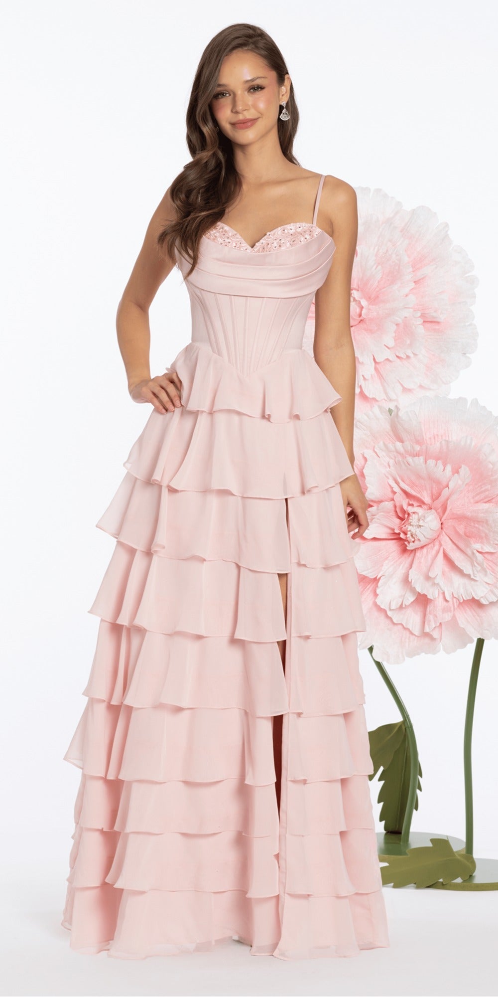 Organza Long Sleeve V Neck A Line Dress with Bow