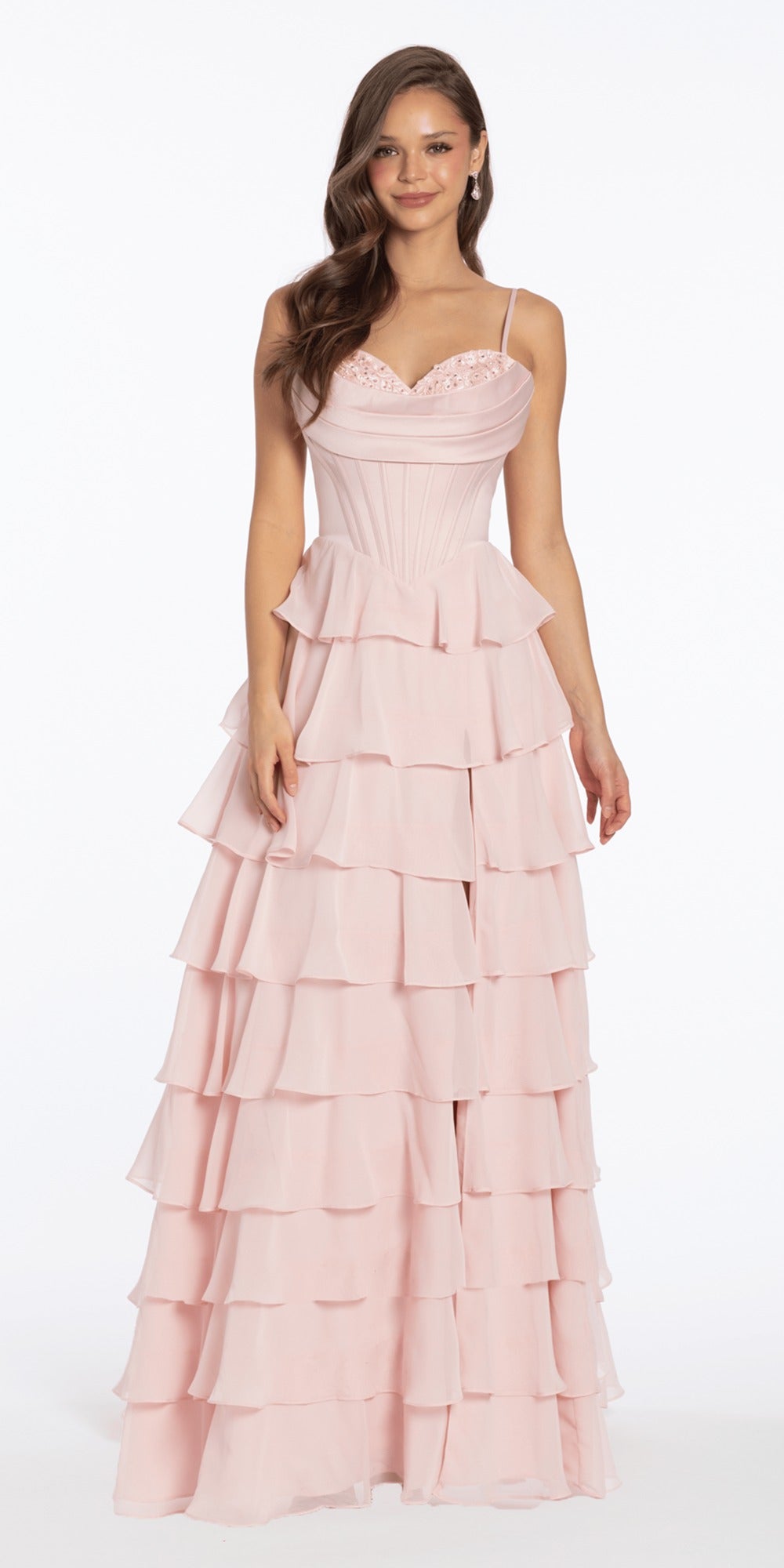 Organza Long Sleeve V Neck A Line Dress with Bow