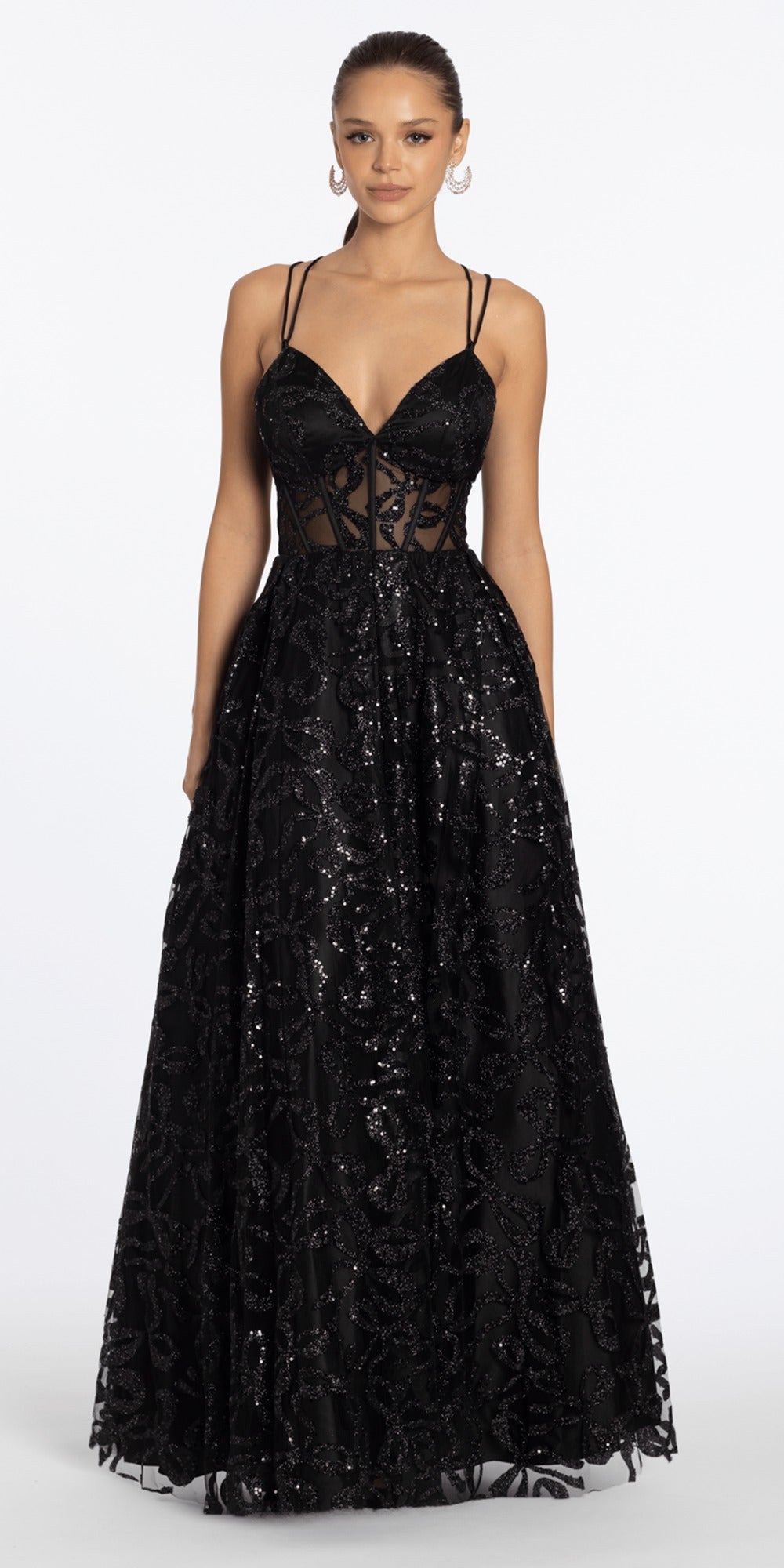 Jewel Neck Mesh Cap Sleeve Column Dress with Heat Set Stones