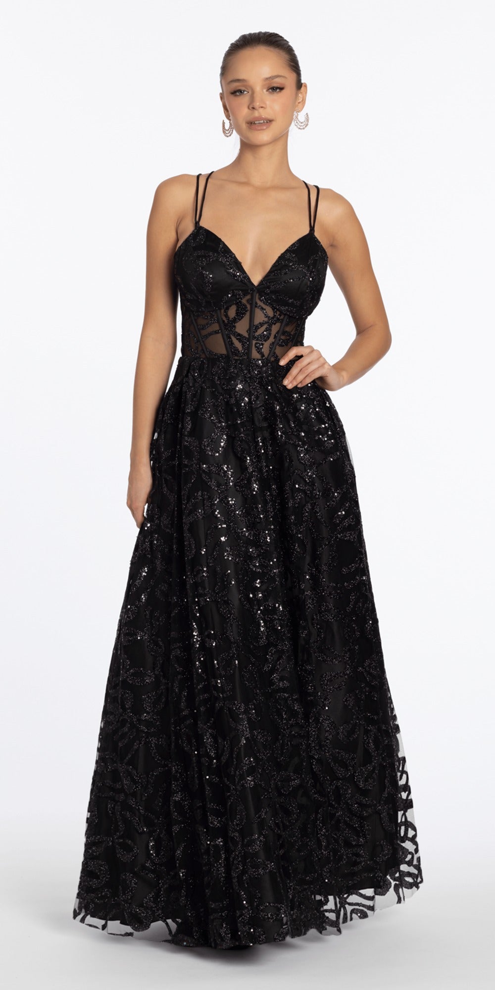 Jewel Neck Mesh Cap Sleeve Column Dress with Heat Set Stones