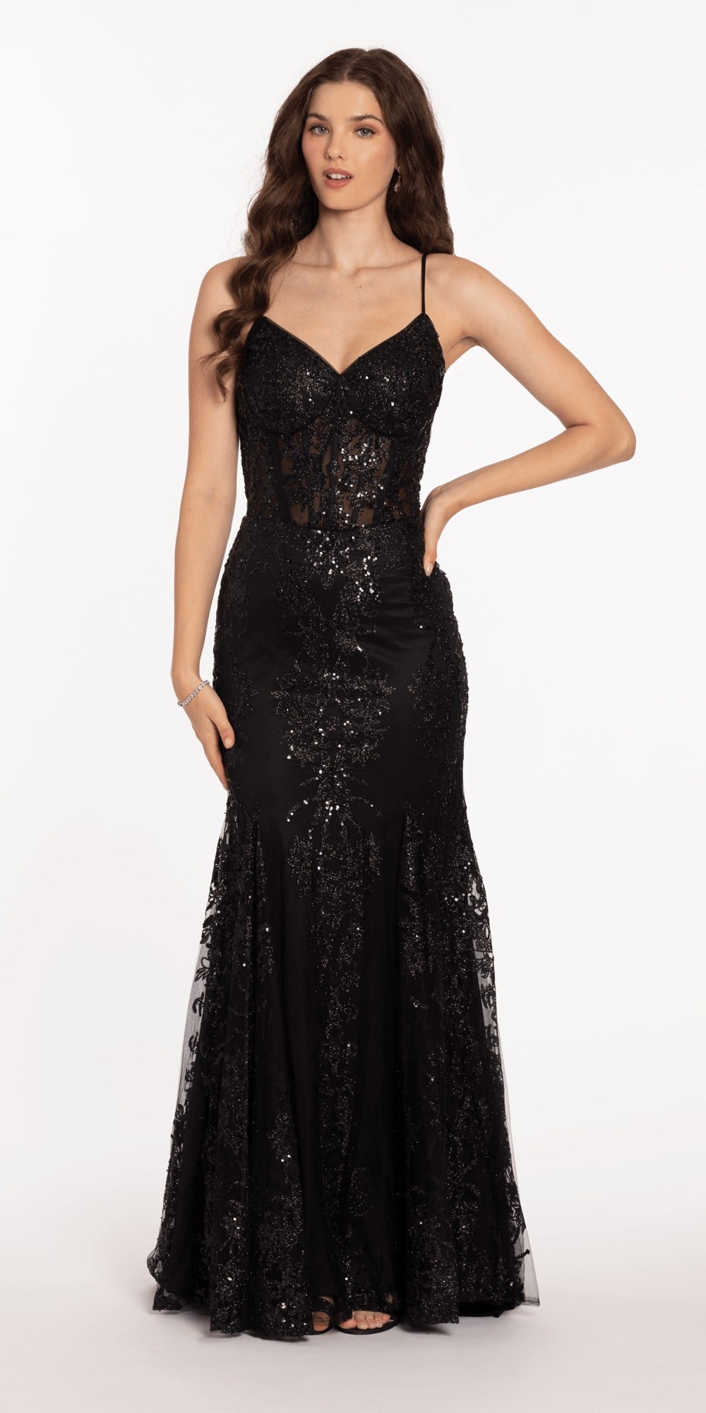 Glitter Mesh Scoop Neck Fit and Flare Dress with Pearl Straps