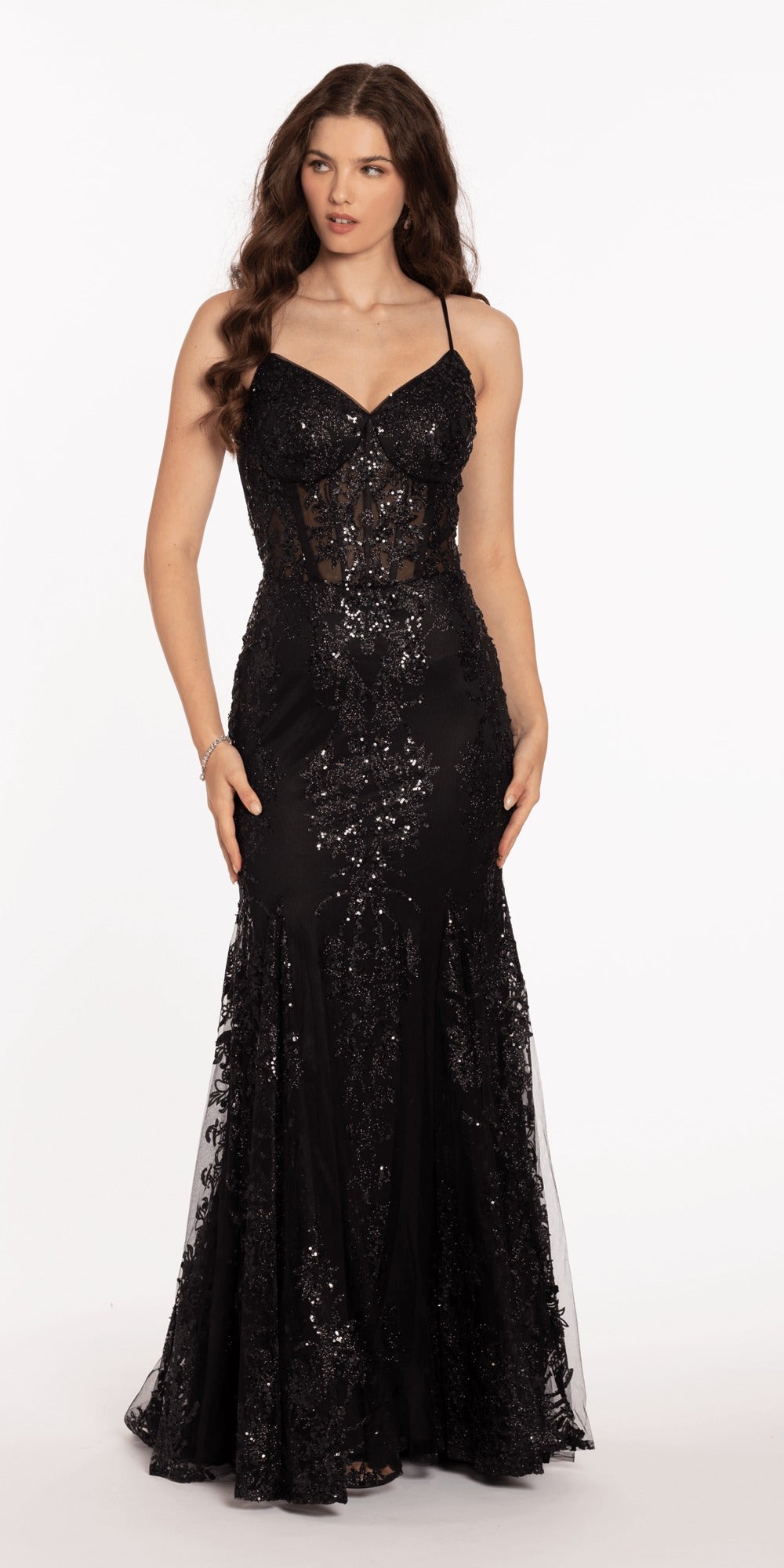 Glitter Mesh Scoop Neck Fit and Flare Dress with Pearl Straps