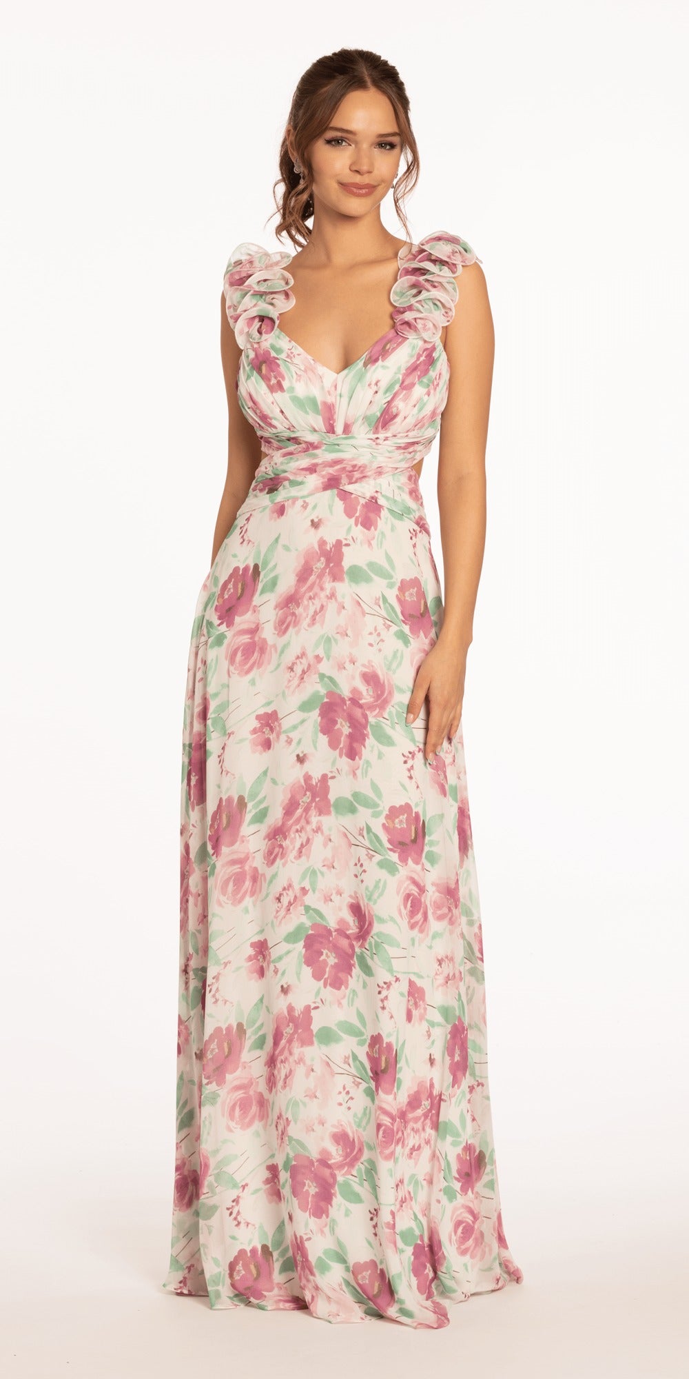 Satin Off the Shoulder Fit and Flare Dress with Princess Pleats
