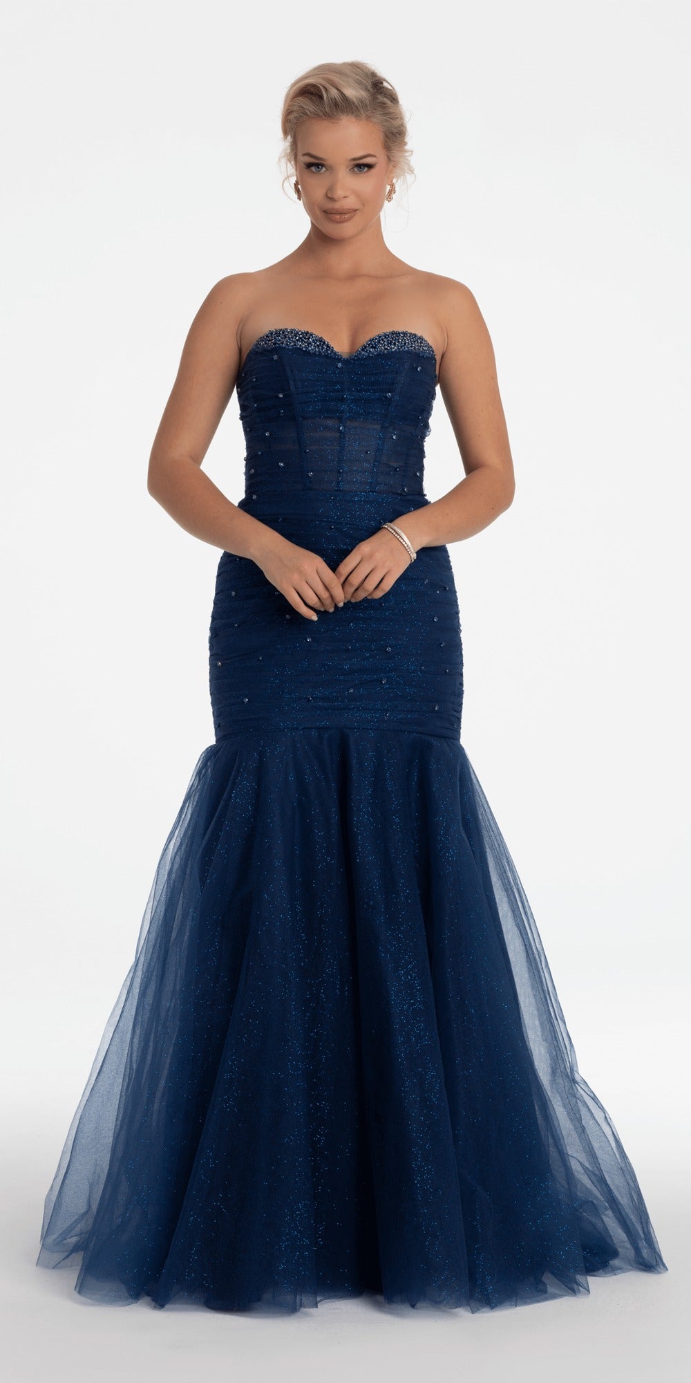 Pleated Plunge Stretch Satin Column Dress with Side Ruching