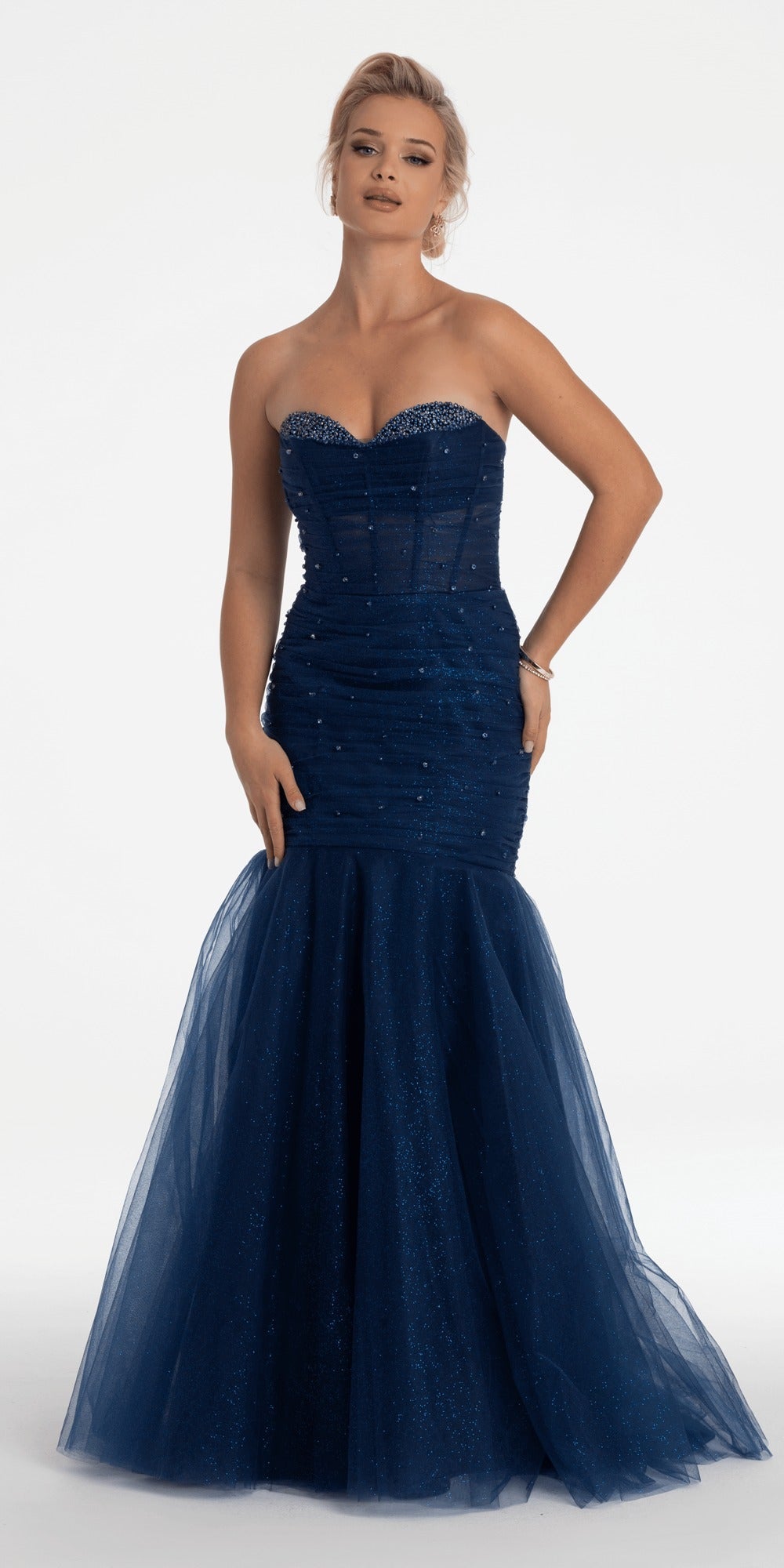 Jersey Glitter Pleated Column Dress with Peek-a-Boo Rhinestone Bodice