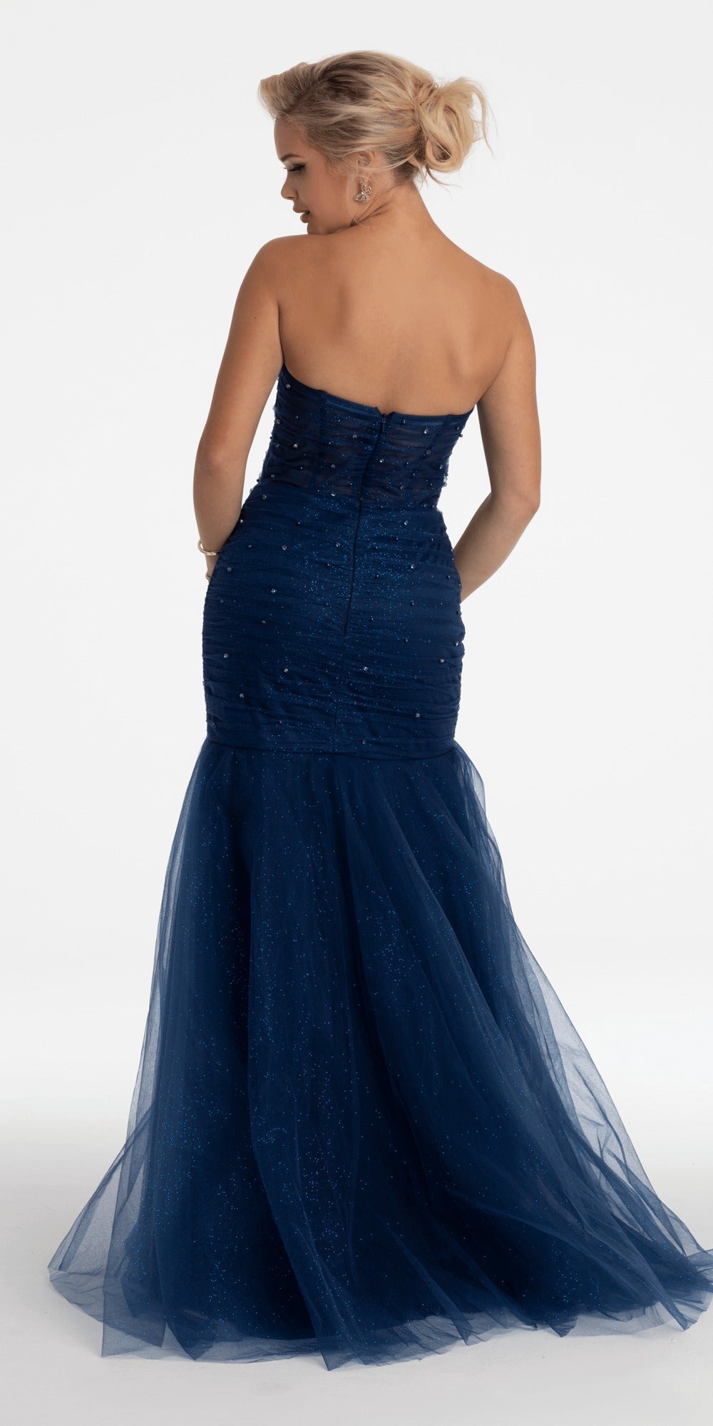 Jersey Glitter Pleated Column Dress with Peek-a-Boo Rhinestone Bodice