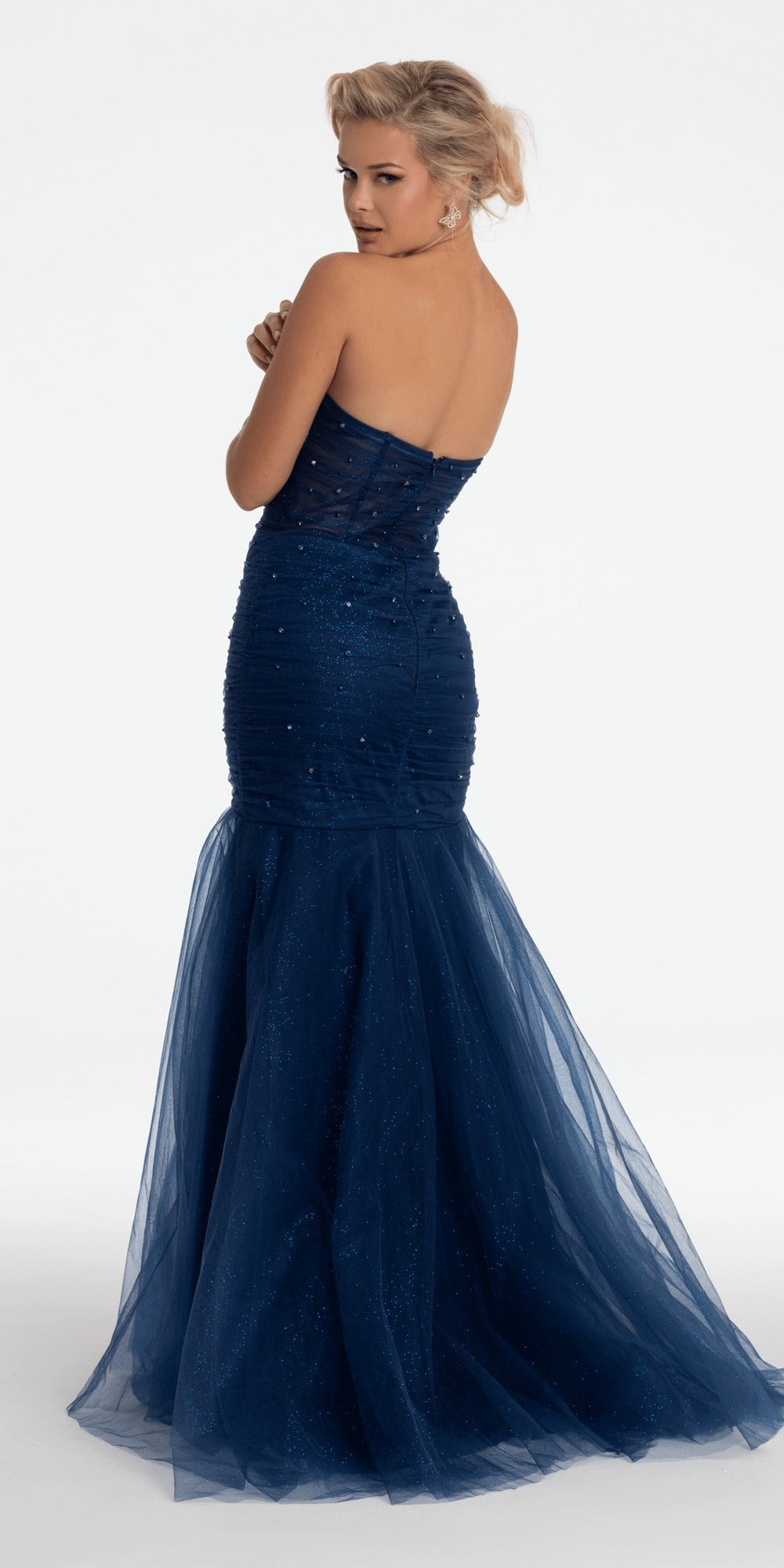 Jersey Glitter Pleated Column Dress with Peek-a-Boo Rhinestone Bodice