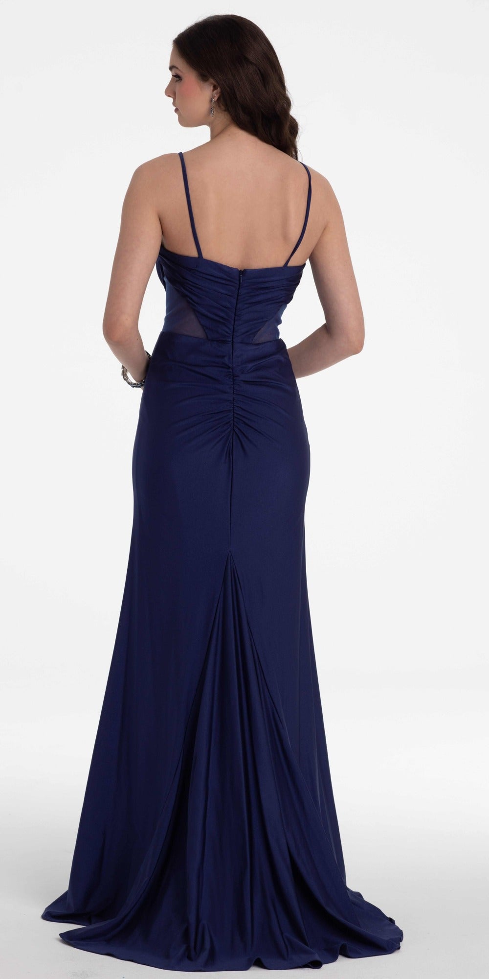 Strapless Satin Sweetheart Trumpet Dress with Peek-a-Boo Bodice and Heat Set Stones