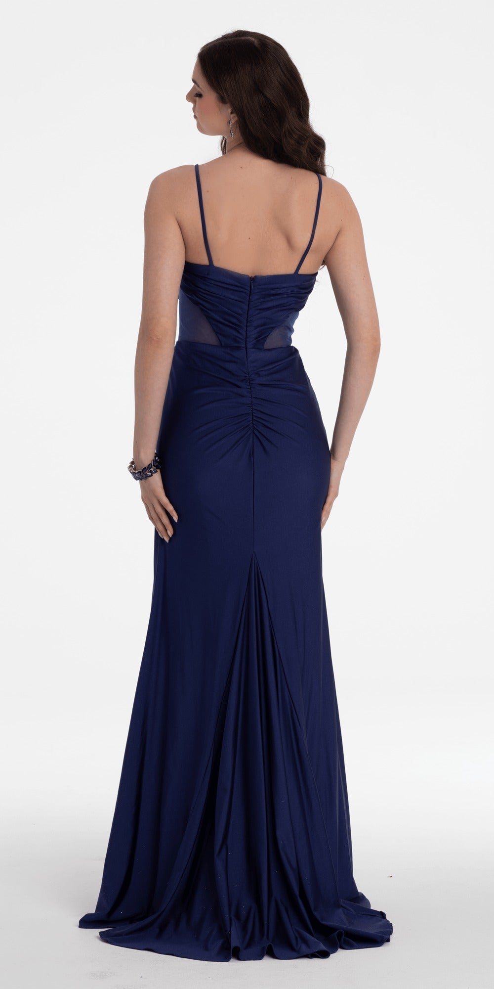 Strapless Satin Sweetheart Trumpet Dress with Peek-a-Boo Bodice and Heat Set Stones