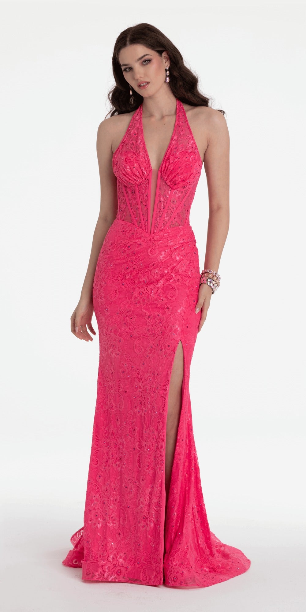 Scroll Sequin Mesh Notch Plunge Column Dress