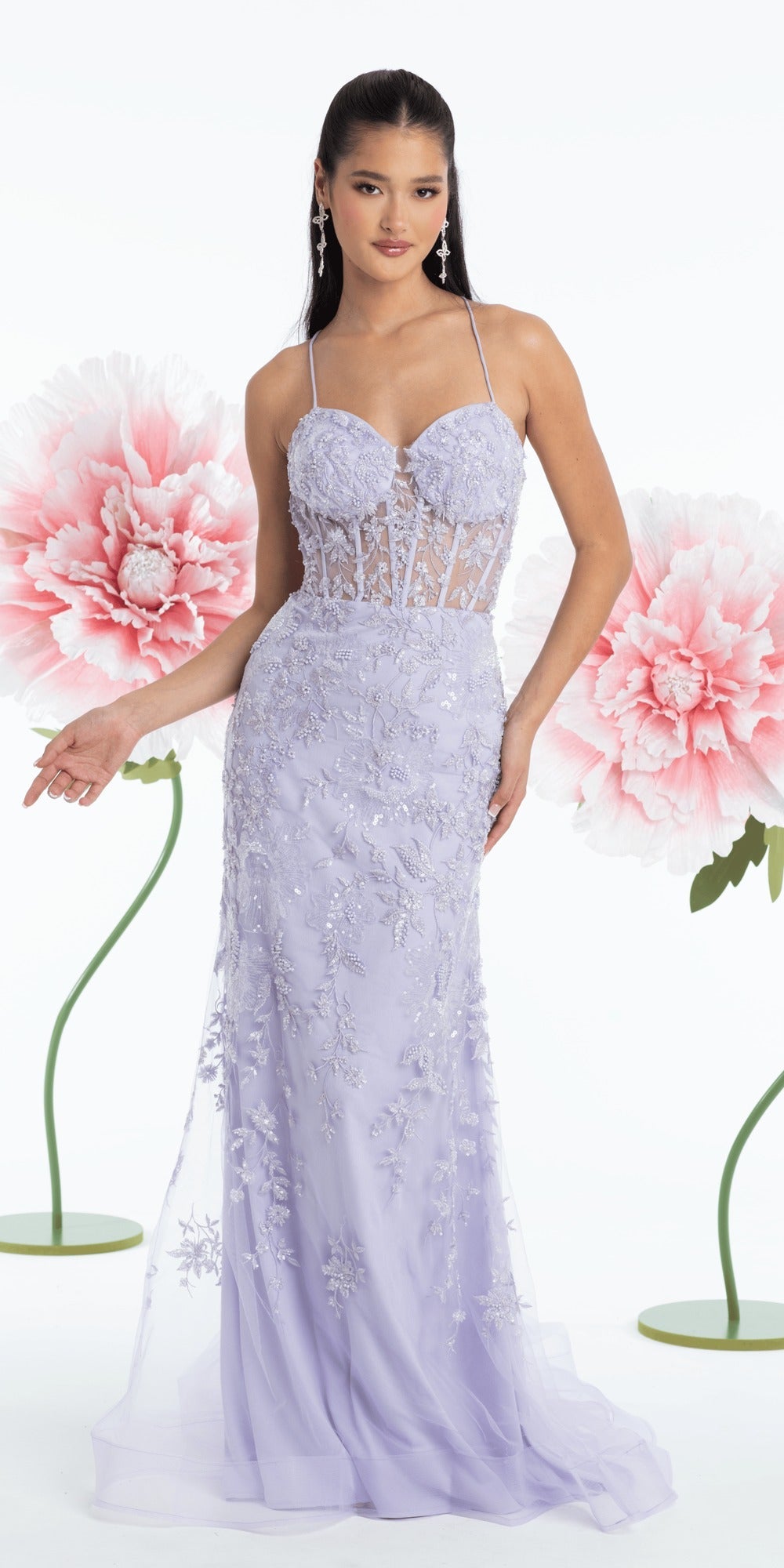 Embellished Plunging Glitter Tulle Corset Tiered Ballgown