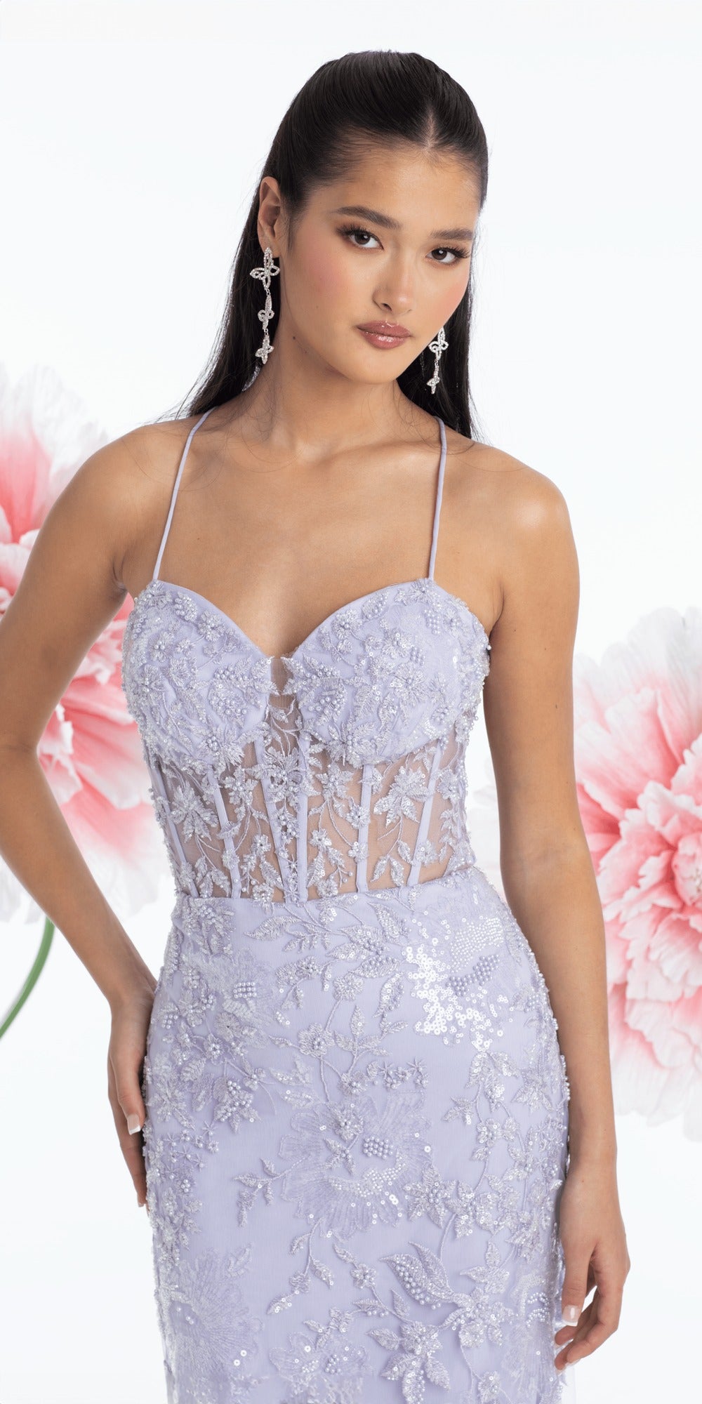 Embellished Plunging Glitter Tulle Corset Tiered Ballgown