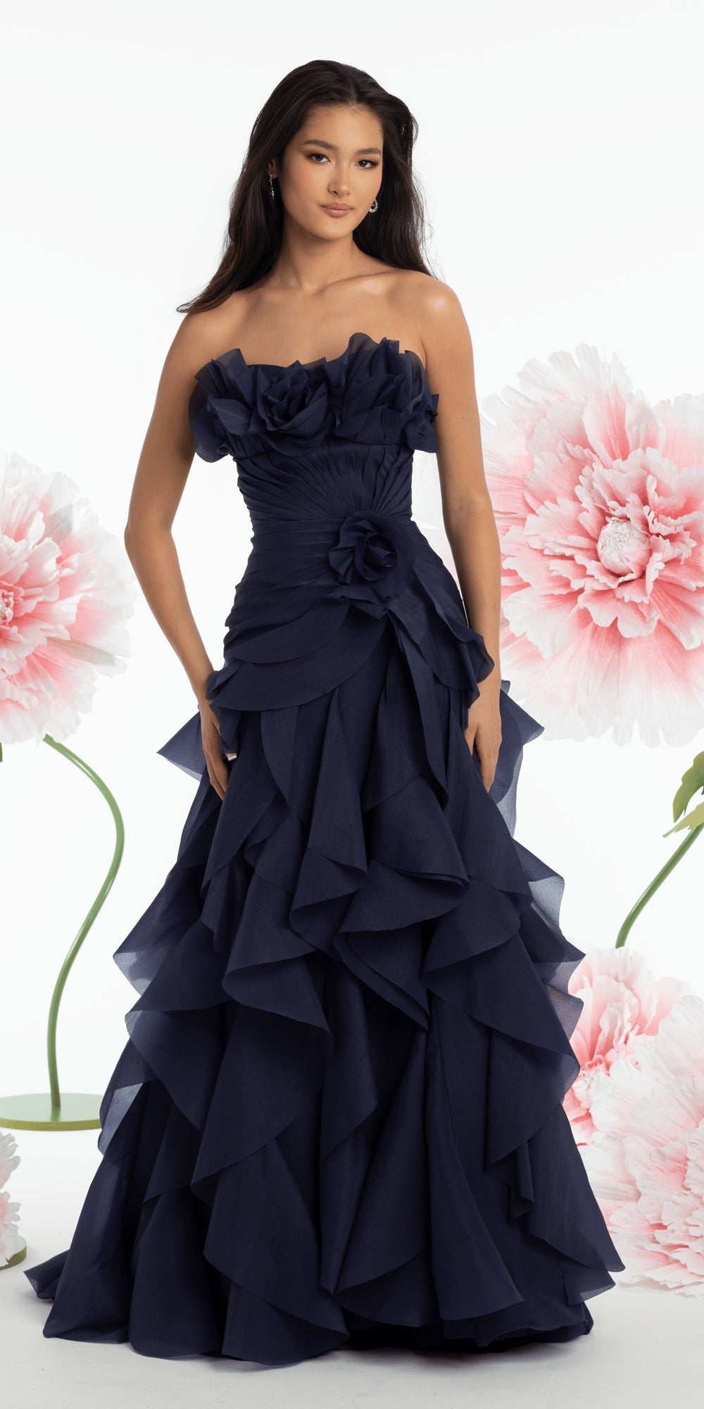 Pleated One Shoulder Floral Brocade A Line Dress