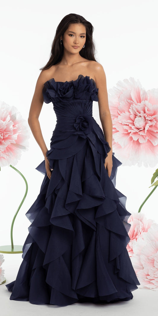 Pleated One Shoulder Floral Brocade A Line Dress