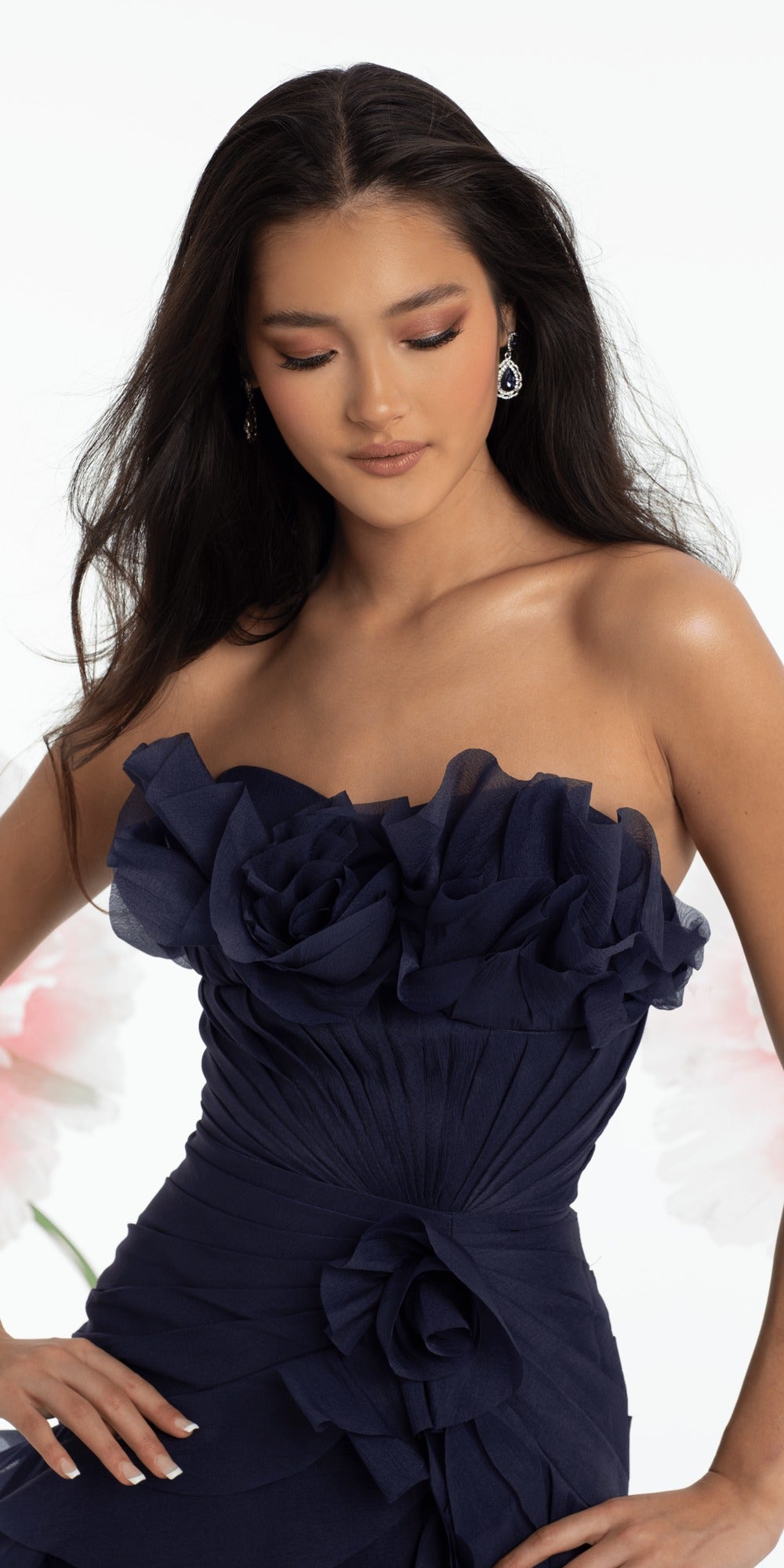 Pleated One Shoulder Floral Brocade A Line Dress