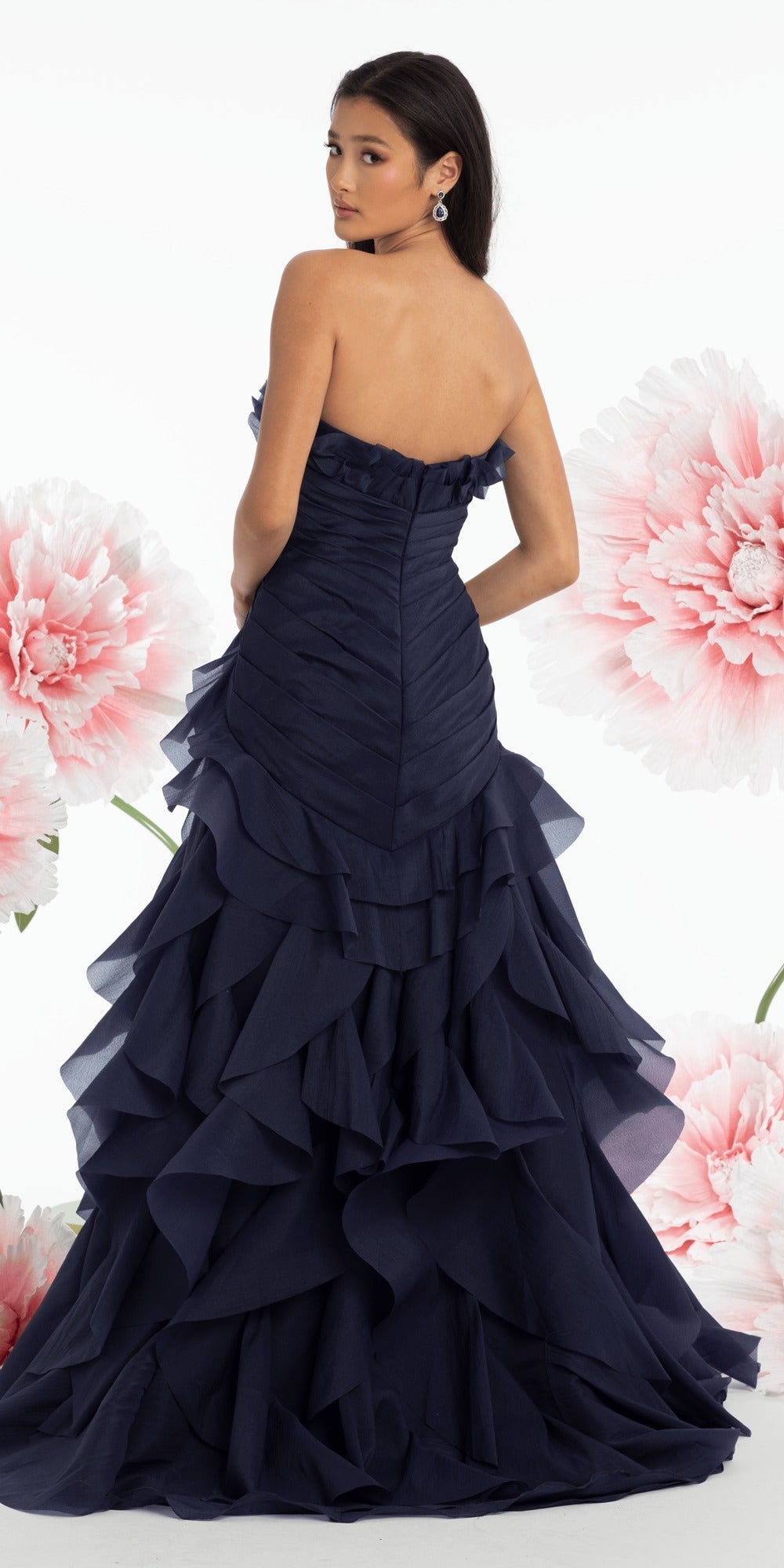 Pleated One Shoulder Floral Brocade A Line Dress