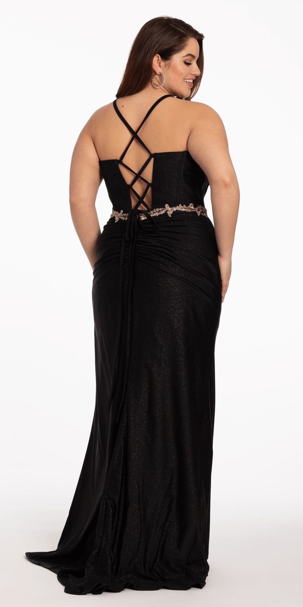 Lace Corset Plunge Dress with Sweep Train and Side Slit