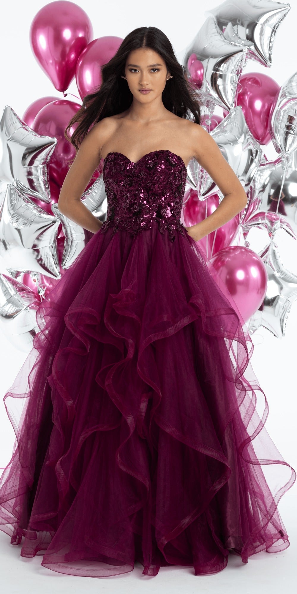 Lace Corset Plunge Dress with Sweep Train and Side Slit