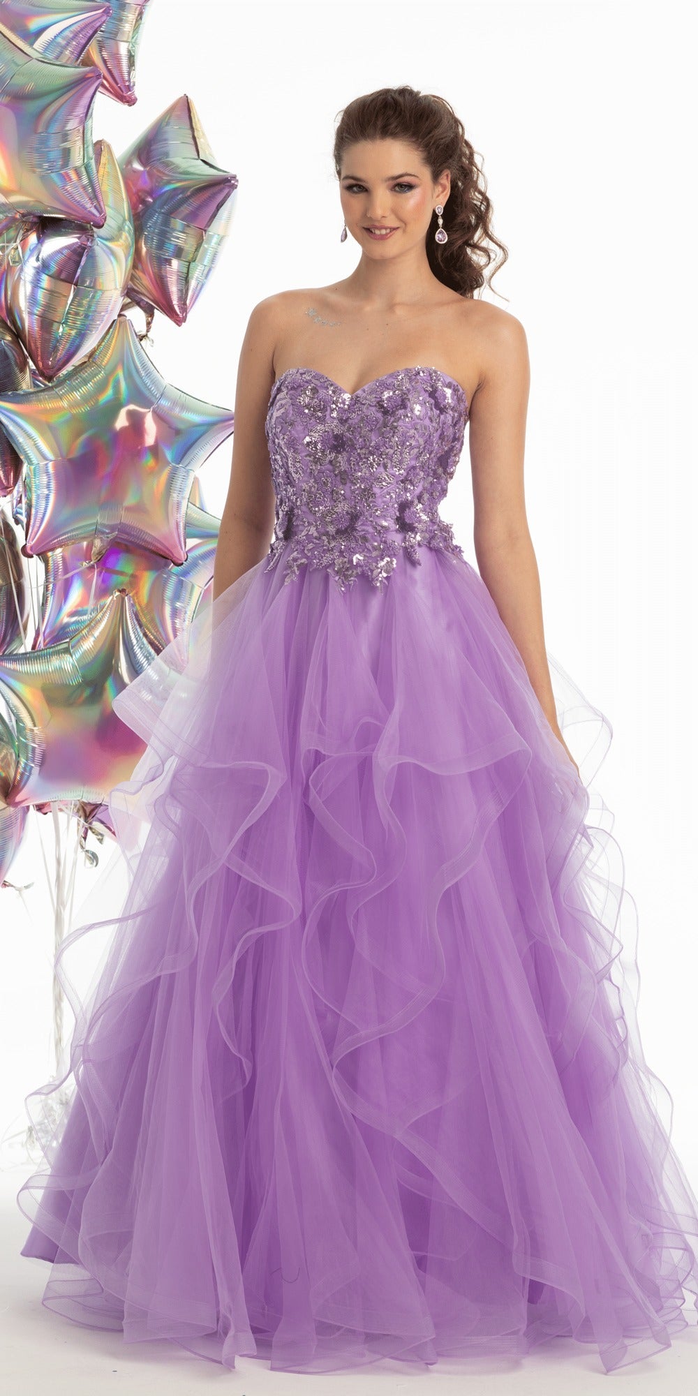 Lace Corset Plunge Dress with Sweep Train and Side Slit