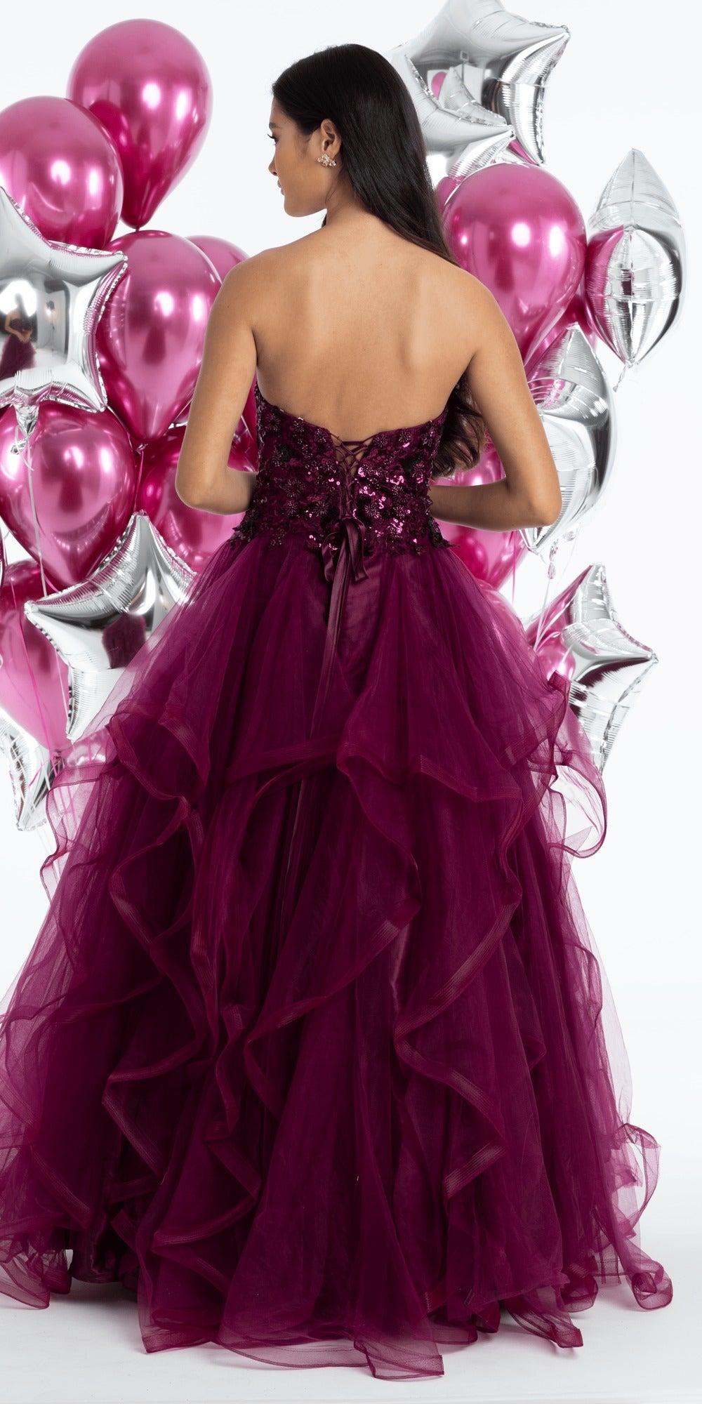 Embellished Strapless Plunge Corset Tulle Tiered Ballgown