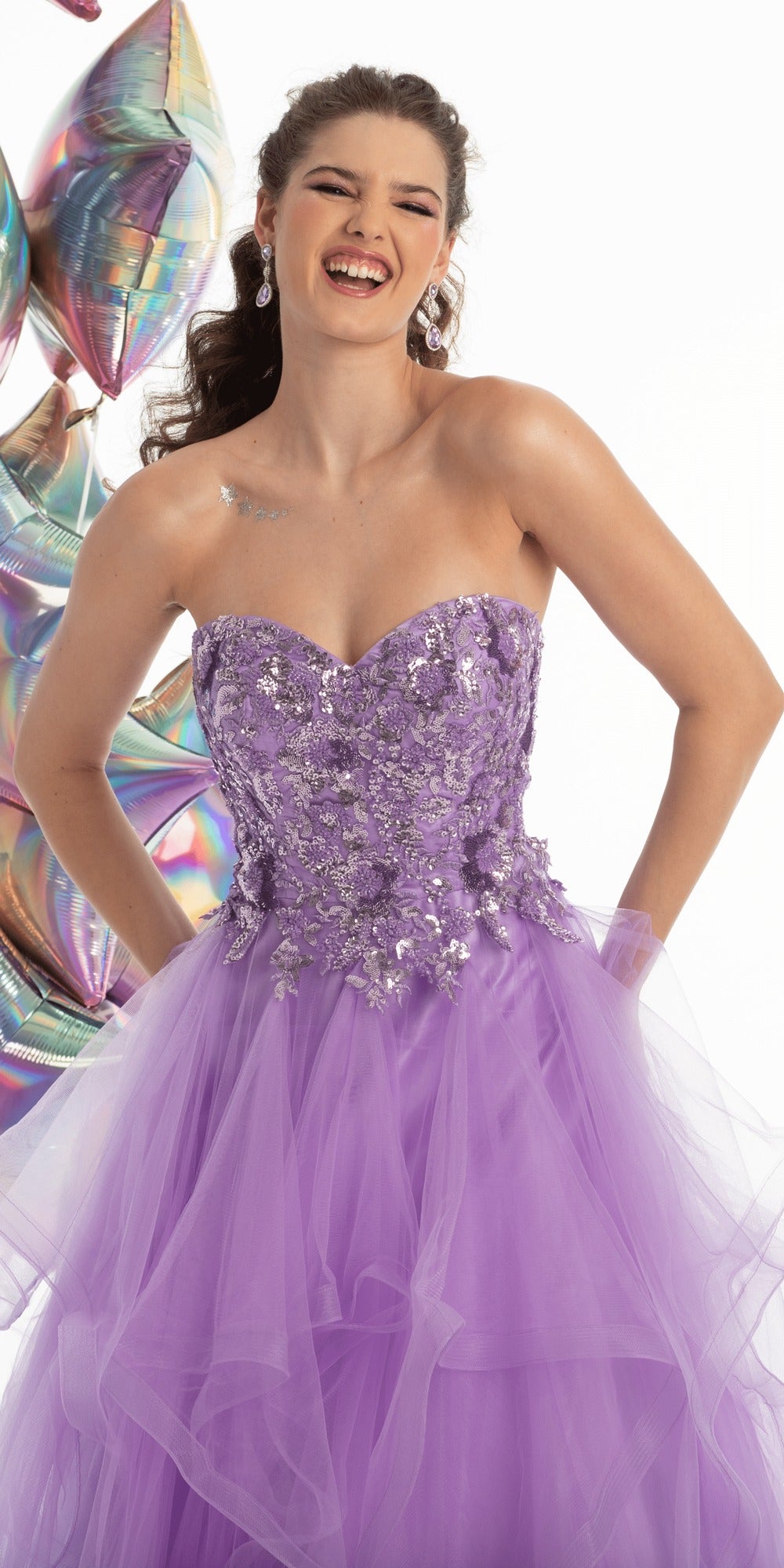 Embellished Strapless Plunge Corset Tulle Tiered Ballgown