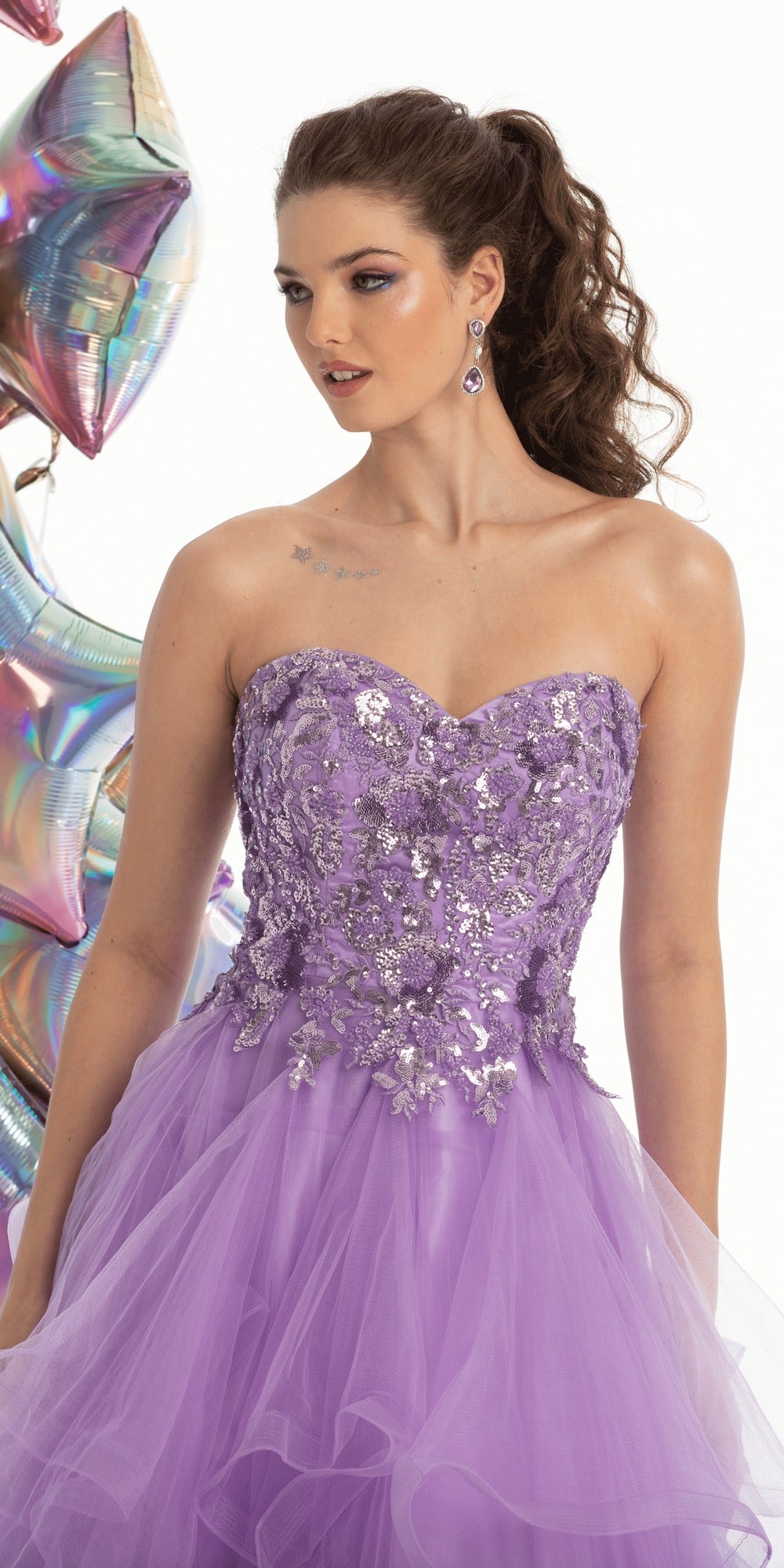 Embellished Strapless Plunge Corset Tulle Tiered Ballgown