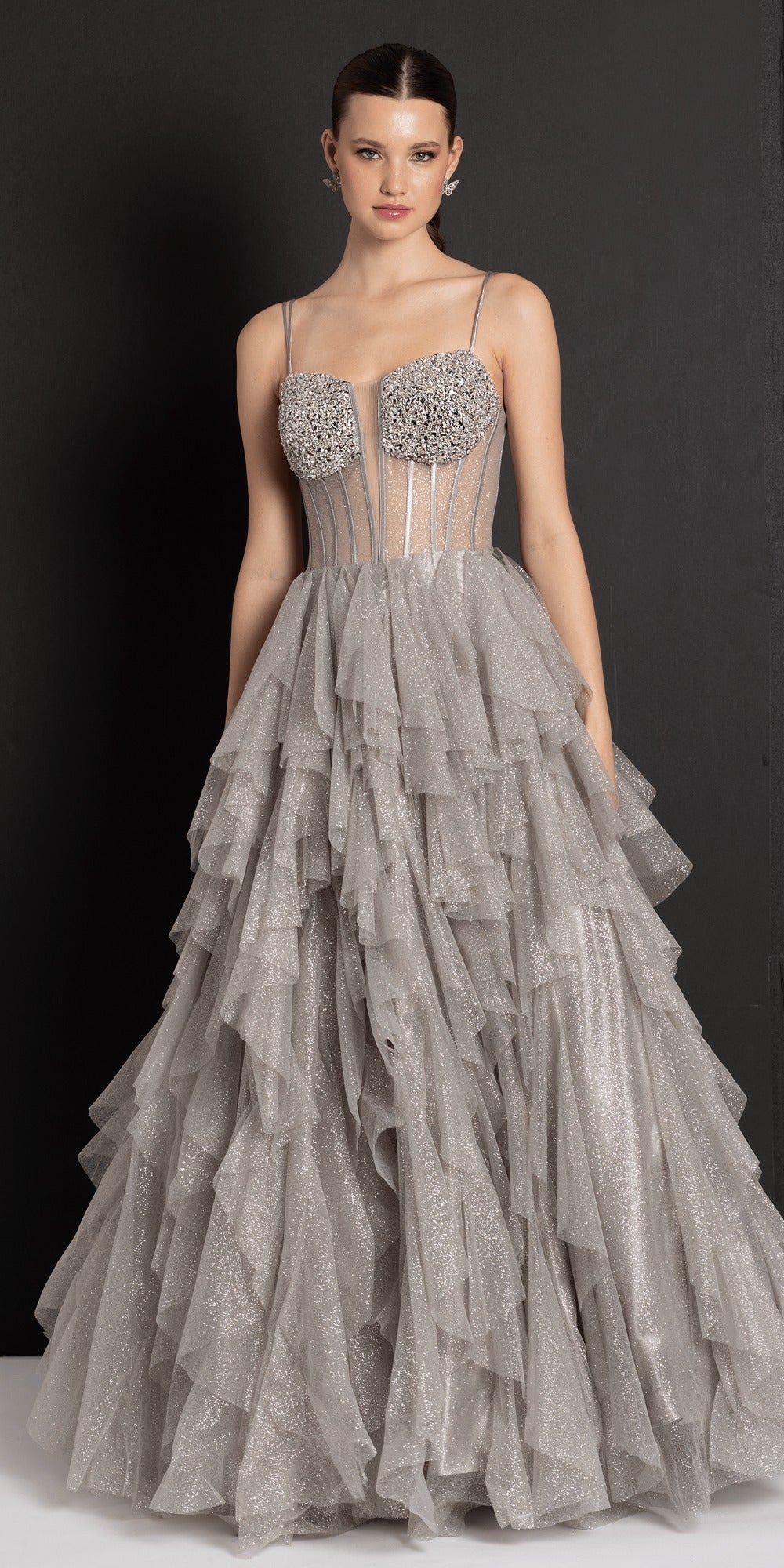 Sequin Embellished Glitter Plunge Ballgown with Side Slit