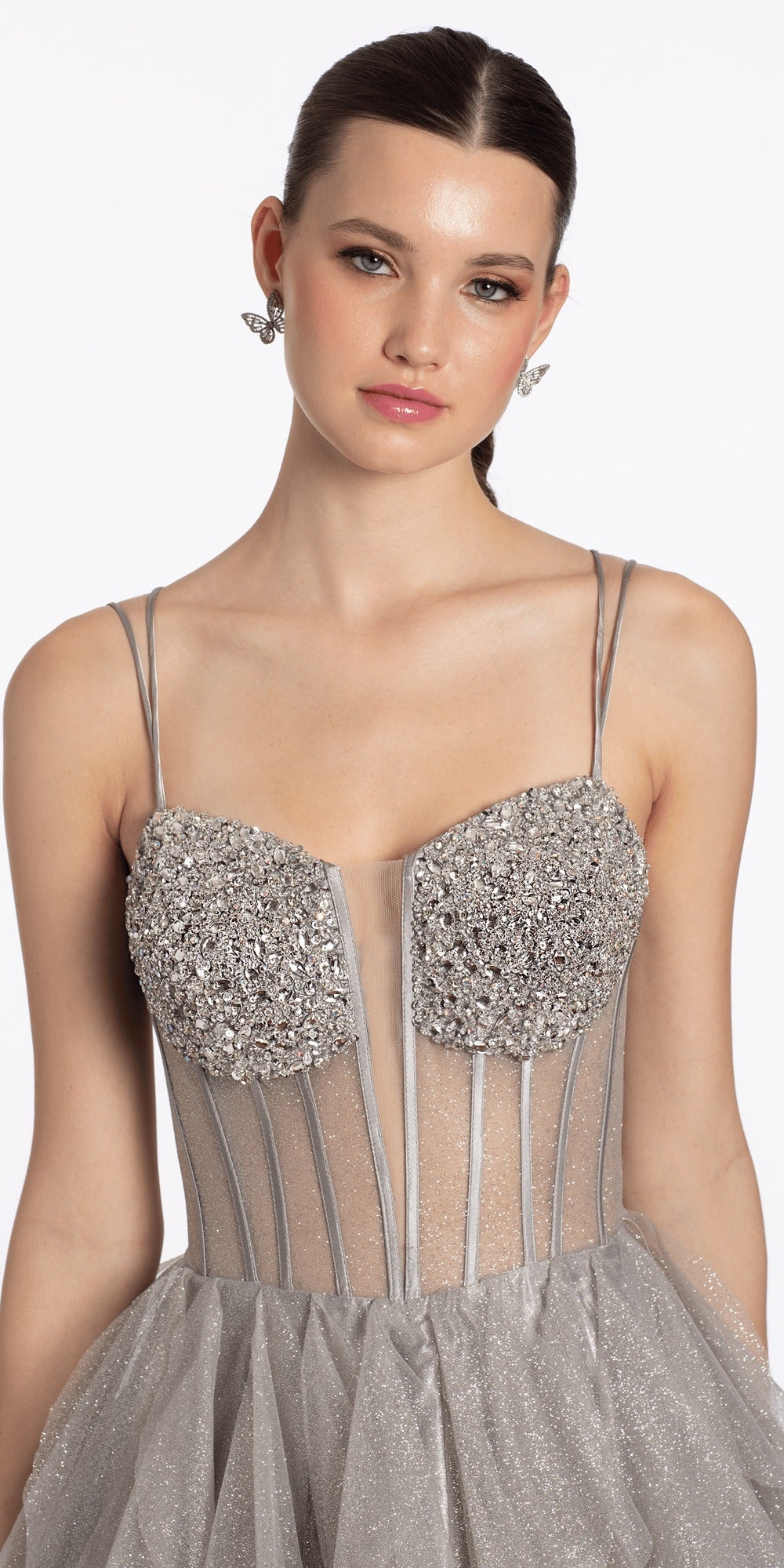 Sequin Embellished Glitter Plunge Ballgown with Side Slit