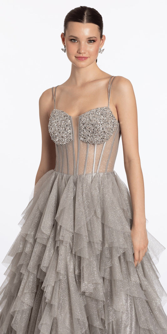 Strapless Metallic Rhinestone Column Dress with Ruching