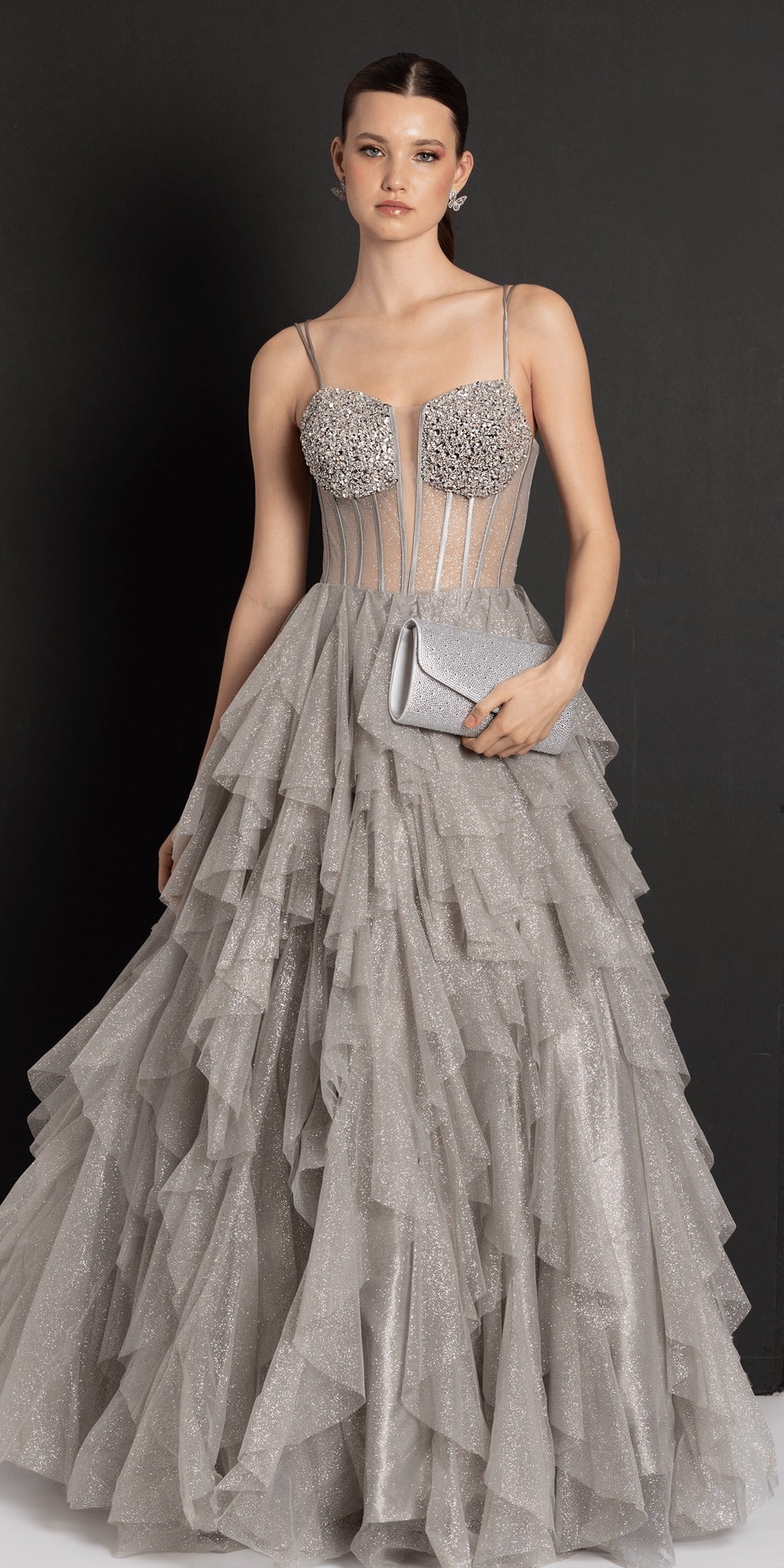 Strapless Metallic Rhinestone Column Dress with Ruching