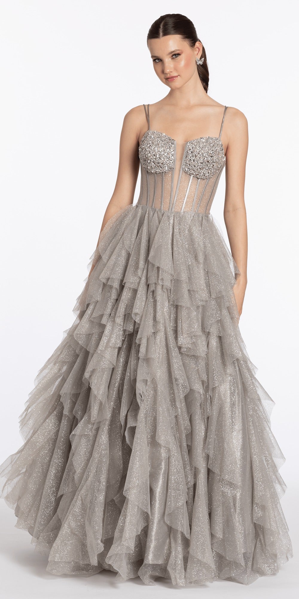 Strapless Metallic Rhinestone Column Dress with Ruching