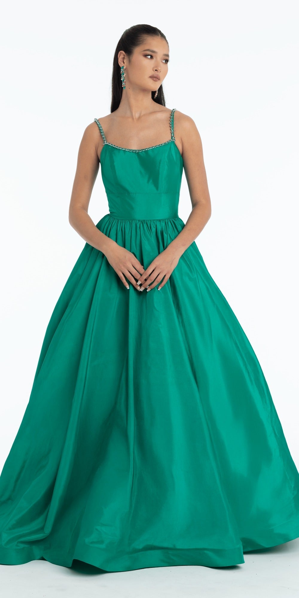 Stone Encrusted Strapless Corset Column Dress with Exaggerated Slit