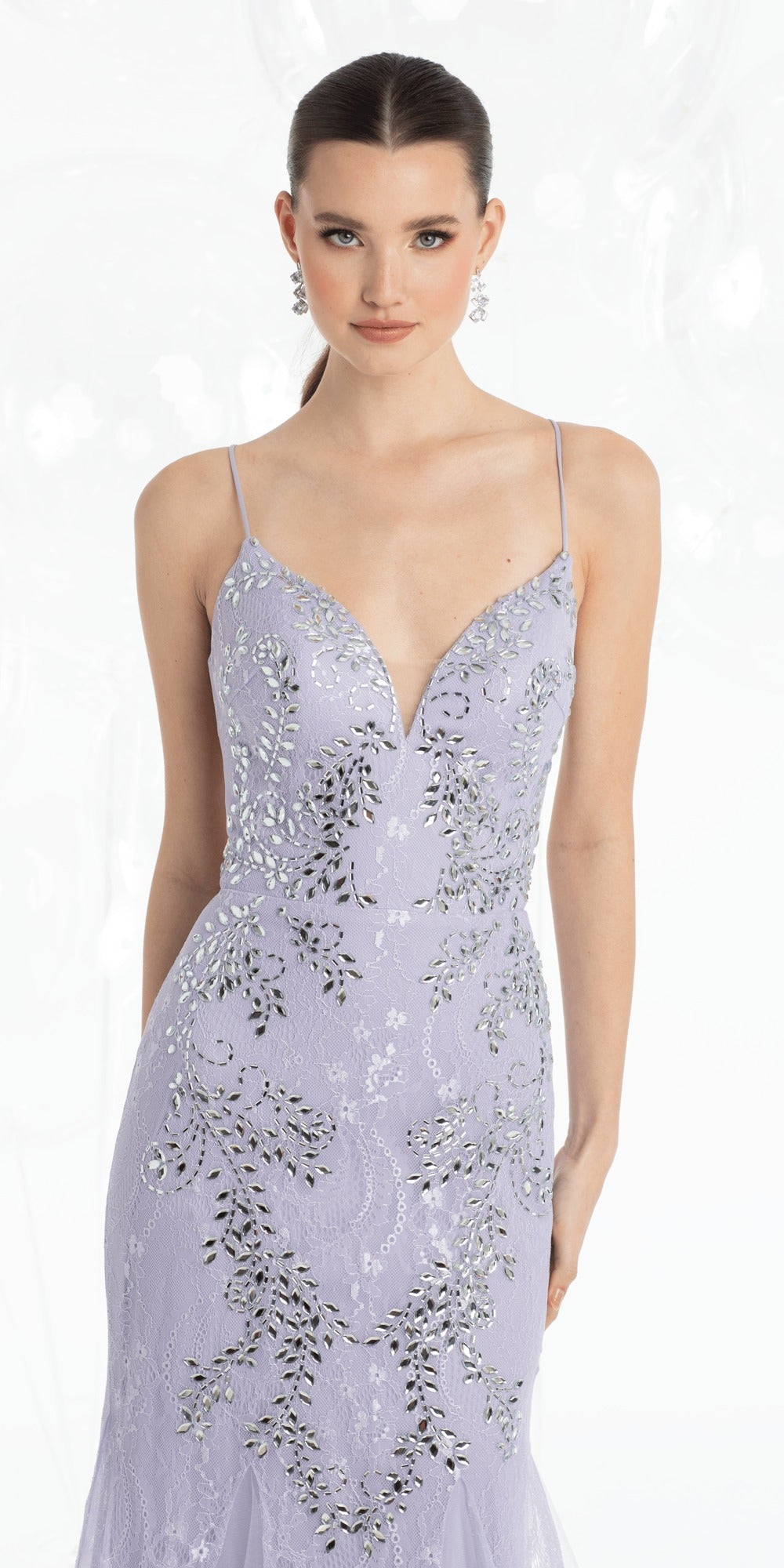 Strapless Embroidered Plunge Corset Trumpet Dress with Heat Set Stones