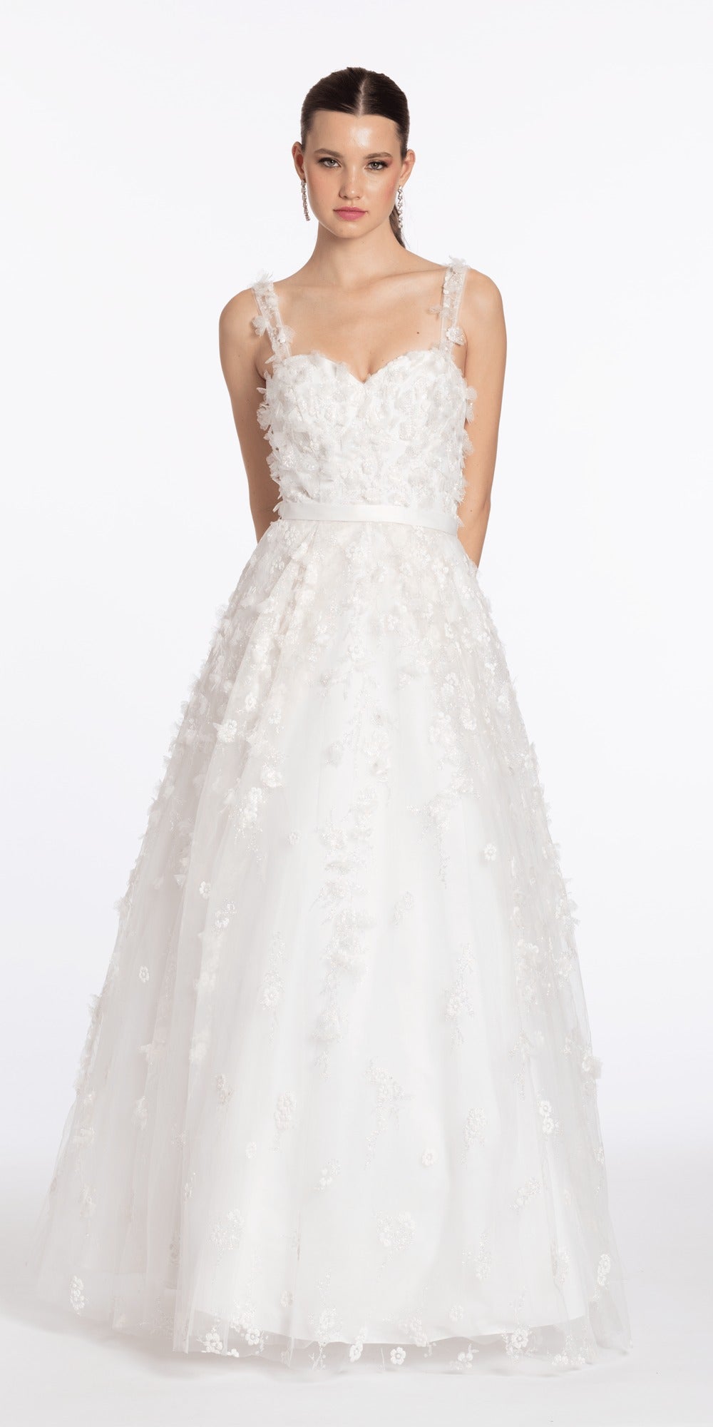 Strapless Embroidered Plunge Corset Trumpet Dress with Heat Set Stones