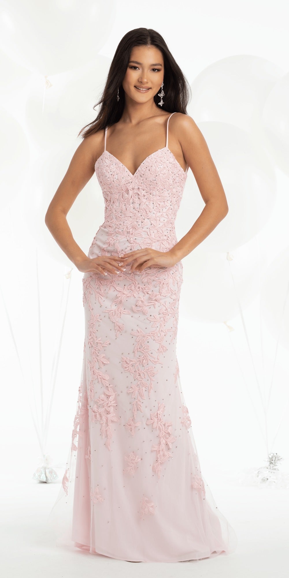 Sparking Strapless Jersey Corset Plunge Trumpet Dress with Rhinestone Details