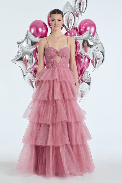 Glitter Mesh Corset Fit and Flare Dress with Tendrils