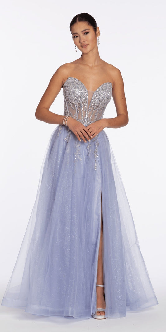 Glitter Mesh Scoop Pleated Empire High Low Dress with Tendrils