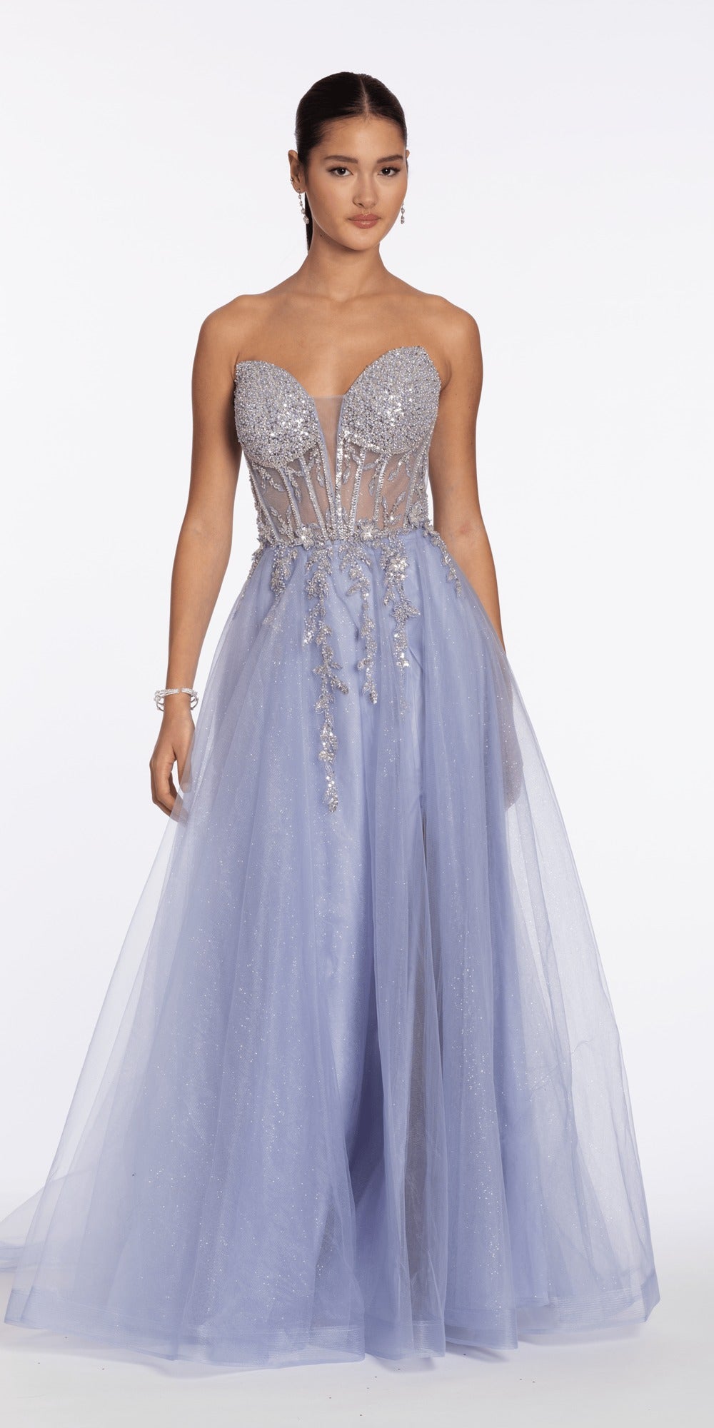 Glitter Mesh Scoop Pleated Empire High Low Dress with Tendrils